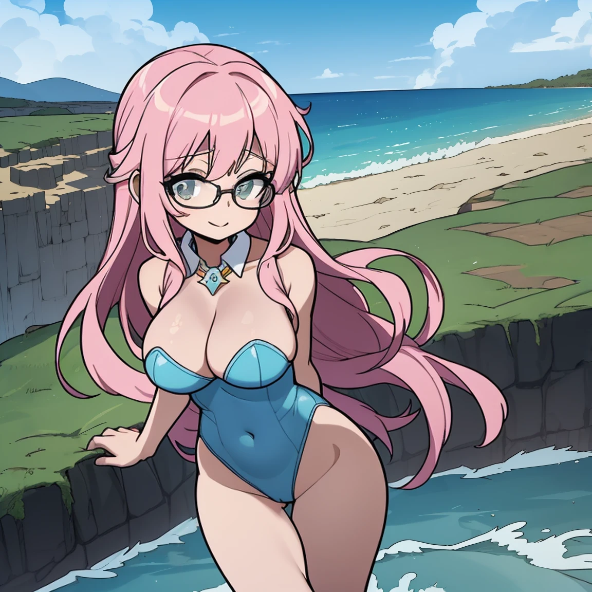 (masterpiece, best quality:1.2), cowboy shot, (solo), (1girl):1.5, glasses, long fluffy pink hair, hair blowing, gorgeous body, wide hips, slight smile, ((very sexy and transparent (blue leotard)) with exposed navel), musculous belly, gorgeous huge breasts, ((pink breasts niples) under very transparent blue leotard), (cameltoe), in front a waterfall in a windy beach, view form sea to beach.
