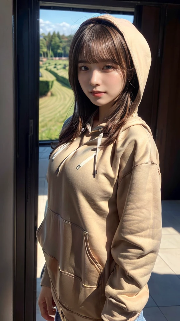 ((top-quality、8K、​masterpiece:1.3))、1girl in、Beautiful woman Standing in the house:1.3、(brown long-haired、Colossal tits:1.4)、(Big Silhouette M51 Field Hoodie:1.5)、Super delicate face、Delicat eyes、double eyelid、Close-up of upper body from below