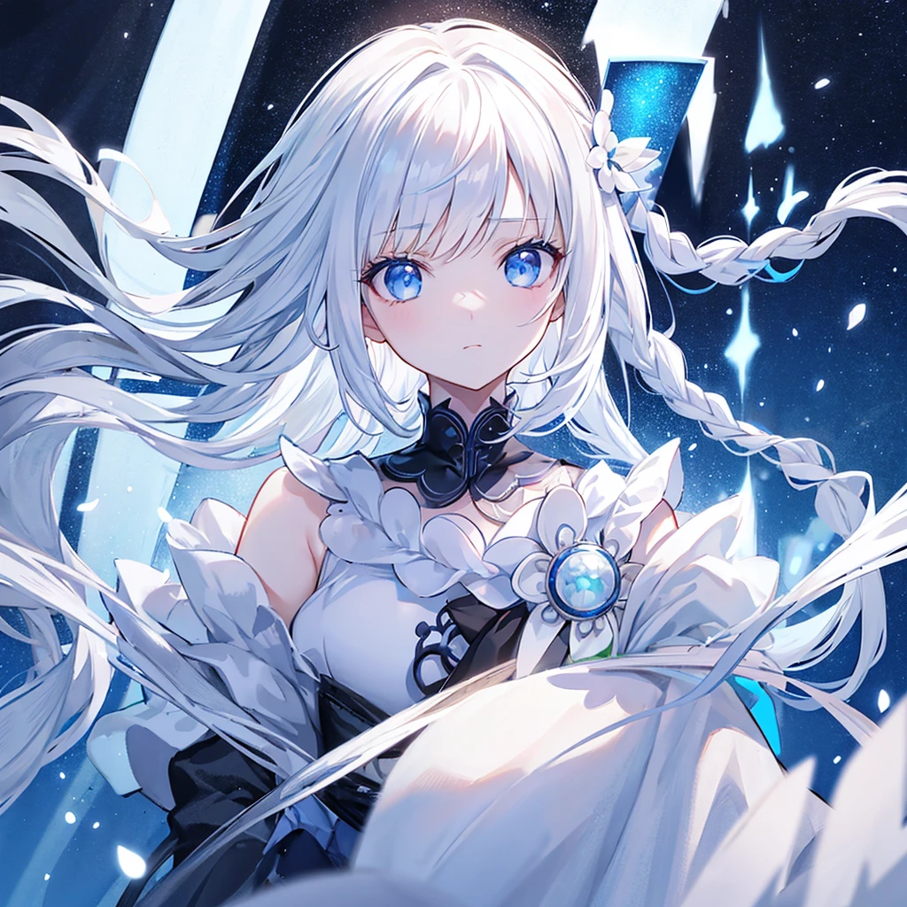Best Quality, masutepiece,White hair, blue eyes,White clothes, Looking Up, Upper body,Strands of hair,Fair skin,side braids、Black face Oz up、Ultra-detailed face and eyes、