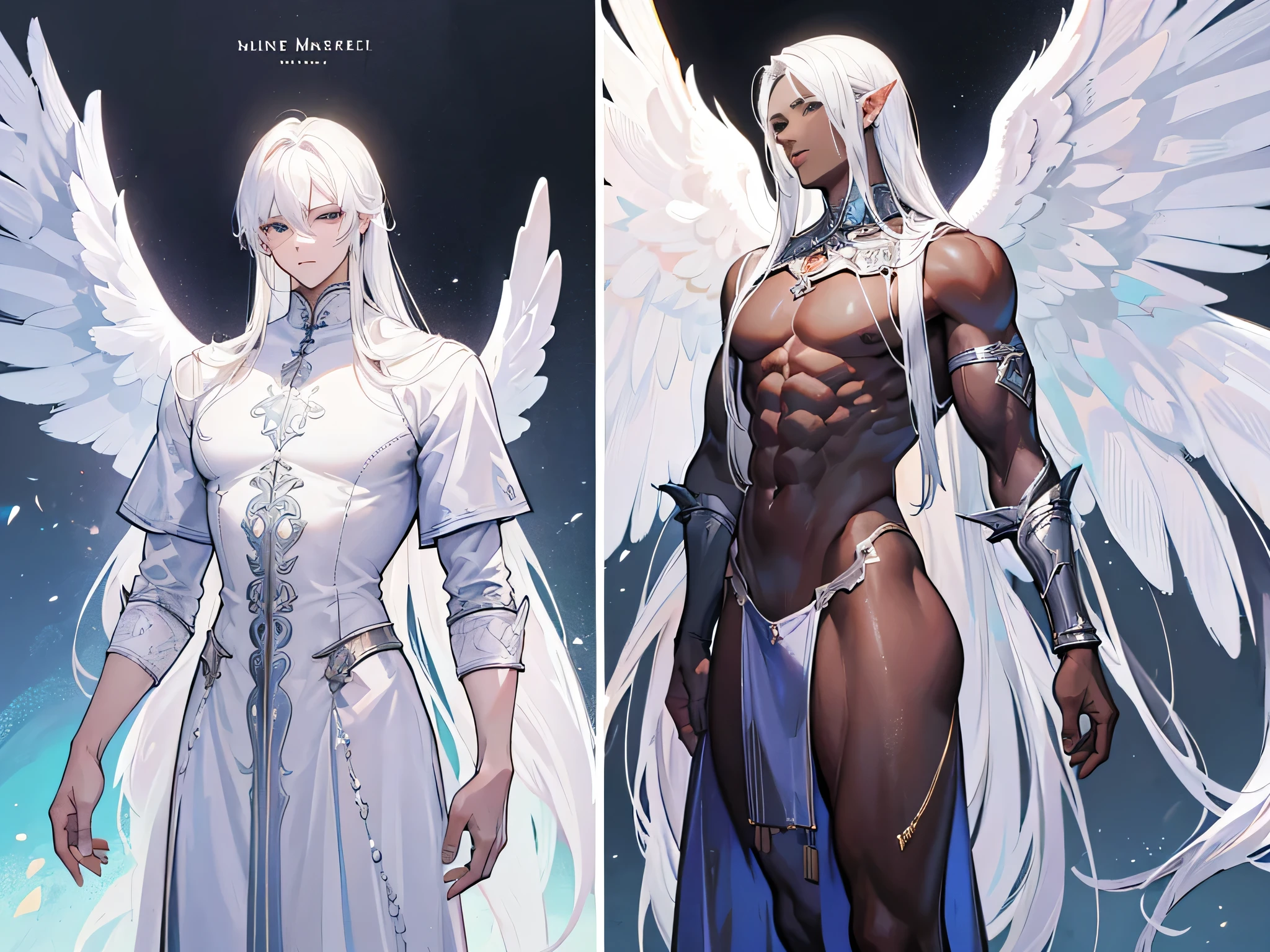 ((Masterpiece, Highest quality)), Male, boy, Detailed face, character design sheet, full bodyesbian, Full of details, frontal body view, back body view, Highly detailed, Depth, Many parts, dark skin, angel wings, white hair, angel outfit, Muscle boy with white long hair,handsome man, male angel , man tall