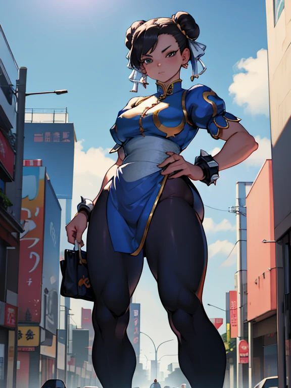 coxa sarada,Chun-Li,linda jovem com uniforme azul classico, coxas grossas, belas coxas sexy,um pouco muscolosa, cabelo preso, black tights,cidade chinesa a tarde, Standing alone.solo, roupa azul, saia azul, olhar serio, belos olhos, belo rosto bem detalhado, olhos e sobrancelhas detalhado.olhos castanhos escuros
