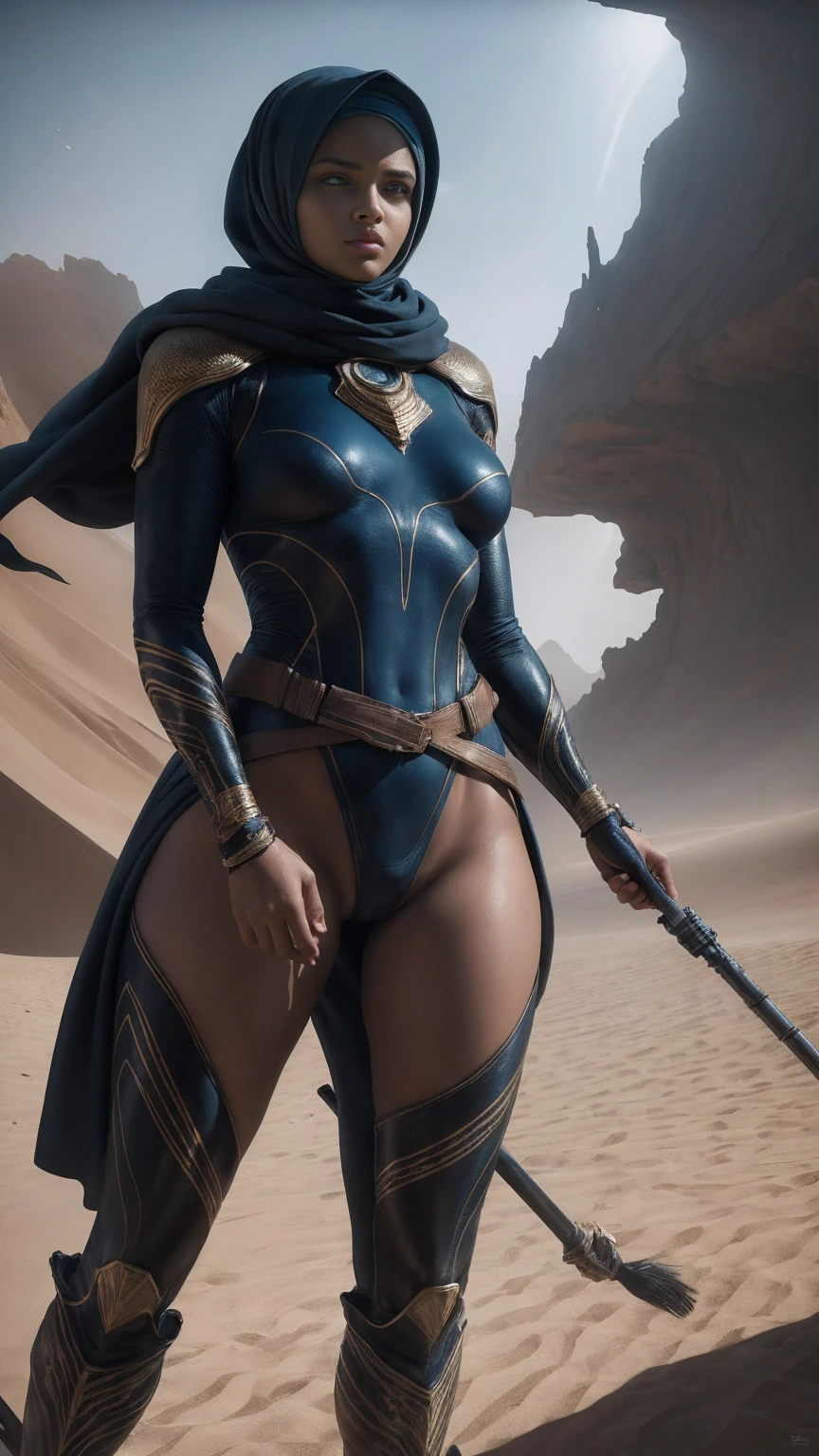 a digital illustration portraying a girl clad in an intricately designed Fremen suit reminiscent of the universe in Frank Herbert's "Dune." The suit boasts meticulous detailing, showcasing its desert-friendly features, including sand-resistant layers, functional utility belts, and a protective headscarf. Against the backdrop of a ferocious desert storm, she stands defiant, the tempest swirling around her. The artwork adopts a hyperrealistic style, accentuating the tactile feel of the suit's texture and the dramatic contrast of light and shadow in the midst of the storm, (Thick thighs:1.3)