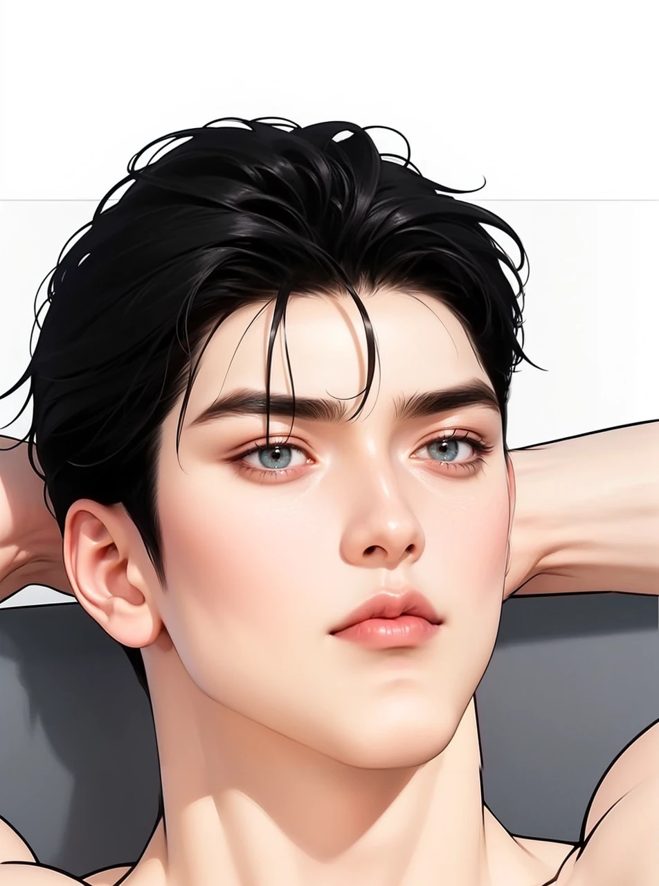 4k, high resolution, best quality, masterpiece, perfect color, perfect shade, perfect lighting, Posted by e621, ((portrait)), ((handsome man)), perfect male figure, Short hair details，Naked torso，Detailed face, perfect face, (stood up), Detailed background, ((Bonifasco Lighting)), (delicate eyes),black hair, muscle realistic, 25 years, 