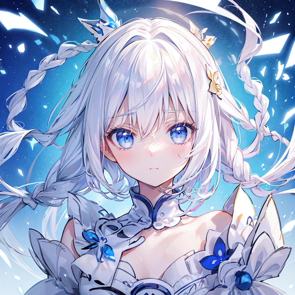 Best Quality, masutepiece,White hair, blue eyes,White clothes, Looking Up, Upper body,Strands of hair,Fair skin,side braids、Eye close-up、Ultra-detailed face and eyes、