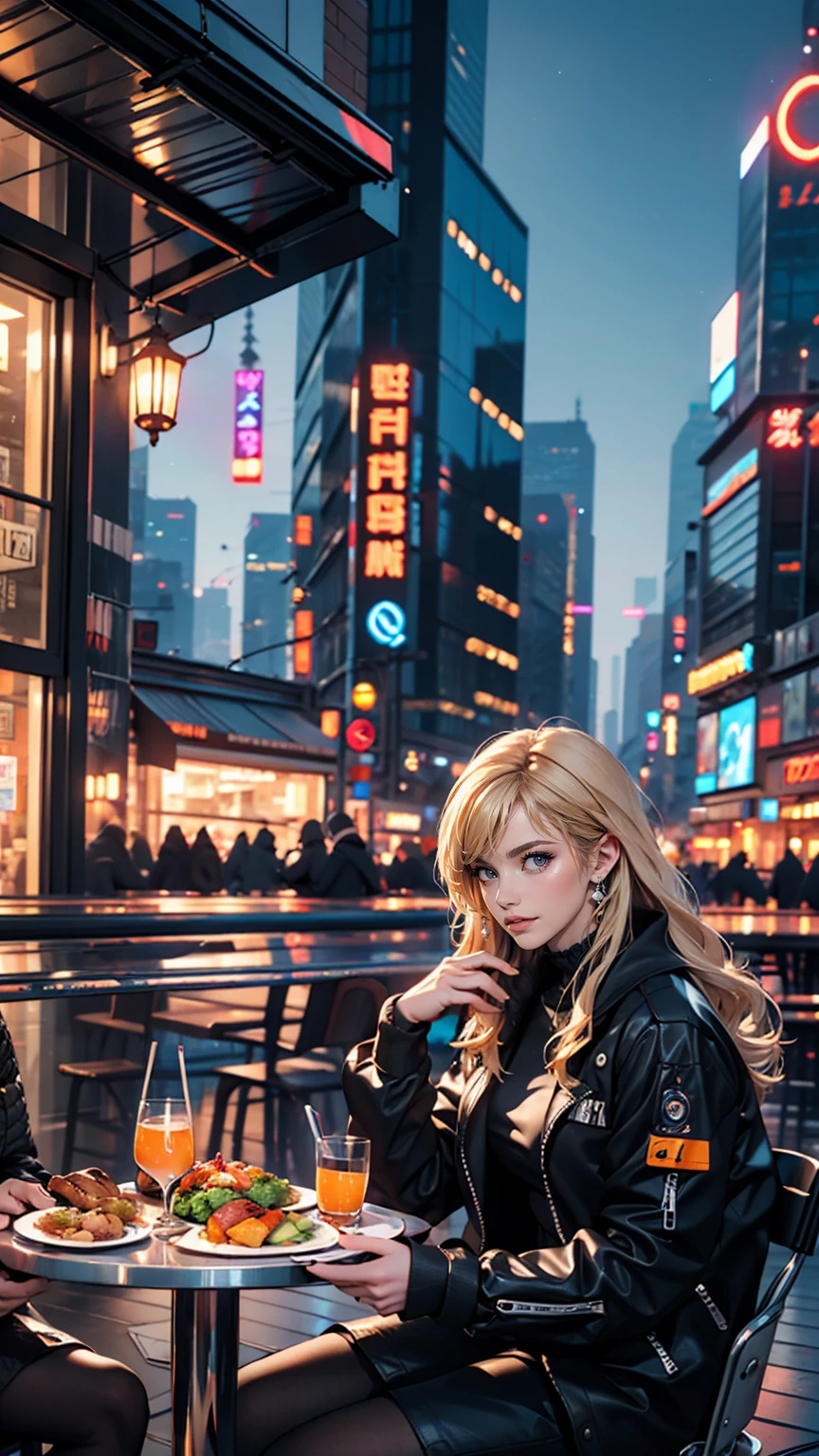 Lunch on the roof of a skyscraper、dining、cyber punk、Night view、Neon Light、Big cities、highest quality、masterpiece、Ultra high definition、White woman