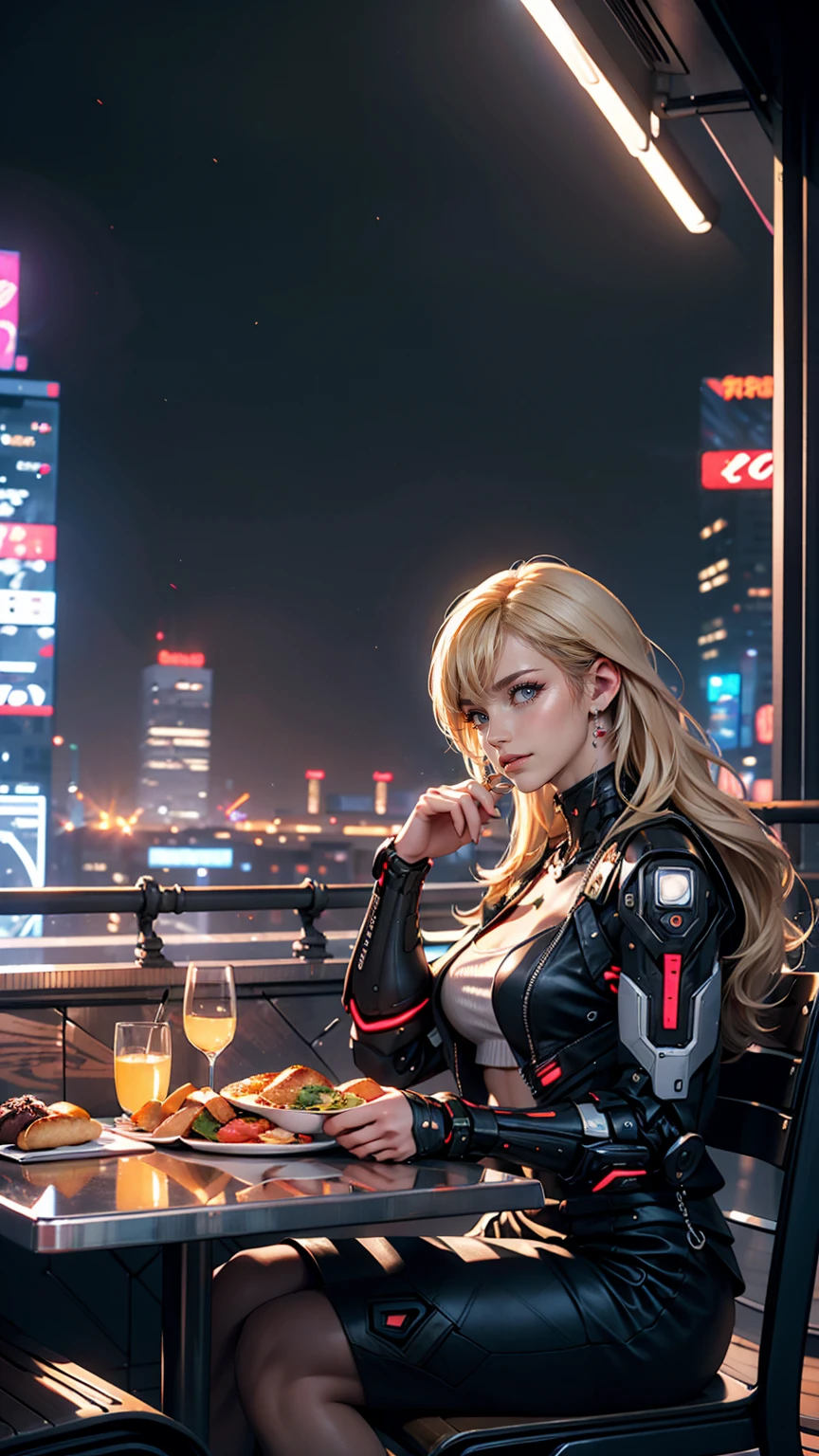 Lunch on the roof of a skyscraper、dining、cyber punk、Night view、Neon Light、Big cities、highest quality、masterpiece、Ultra high definition、White woman