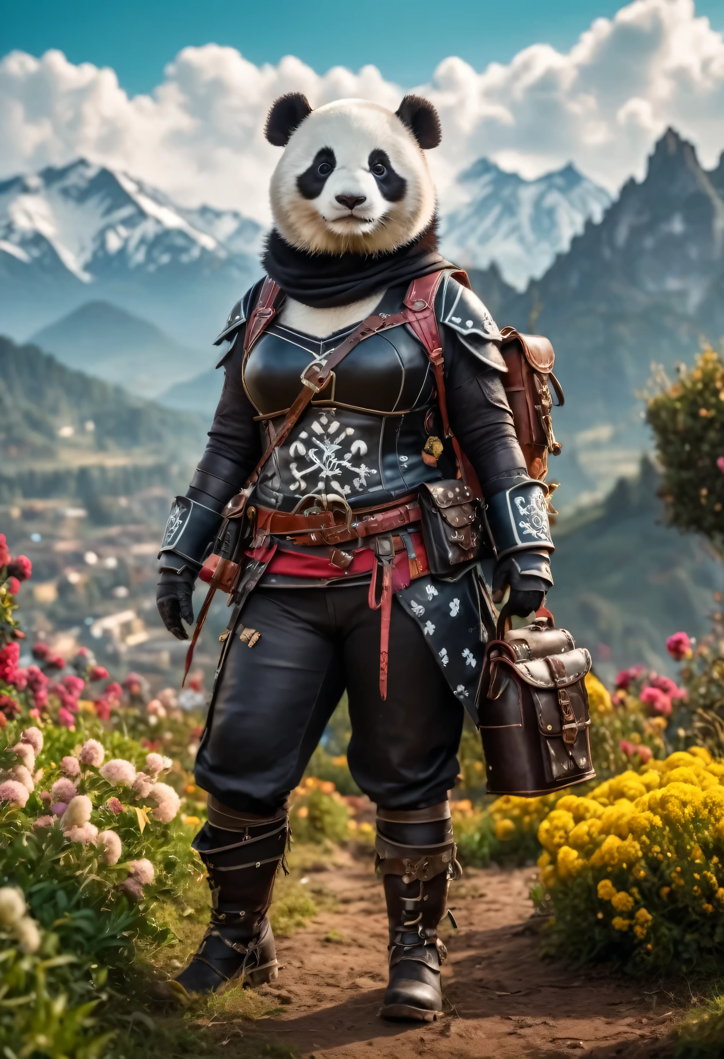 Award winning photography, close-up short, professional photo, cinematic lighting, masterpiece in maximum 16K resolution, ultra detailed, superb quality, fat (female) panda rogue standing proudly on a (flower hill:1.2) with little bushes, medieval leather outfit with pouches and long boots decorated with mystical swirling symbols and patterns, (holding a kitten), backpack on the back, epic mountains in the distance, sunrays coming through fluffy clouds.