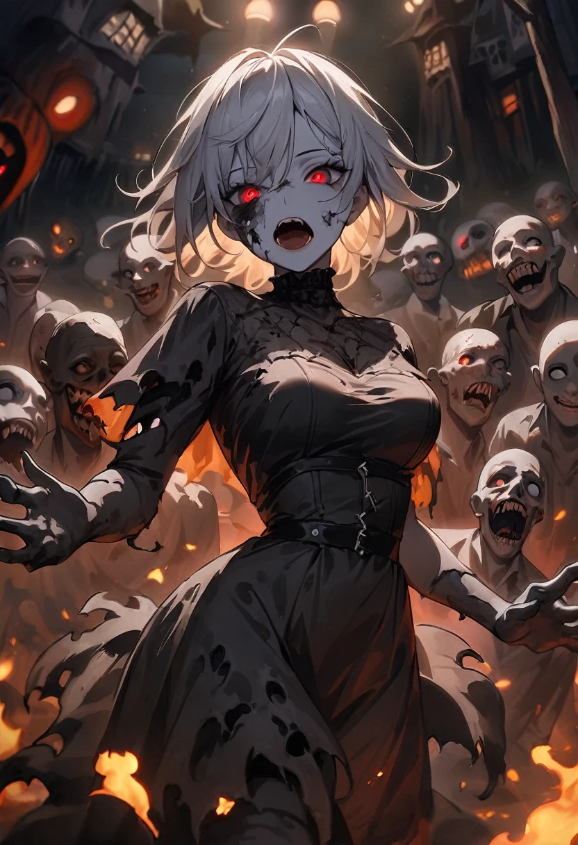 High resolution, masterpiece, high quality, Ghoul, torn skin, White, thin hair, dress, Attack, Looking Camera,Muddy, Night Theme Park, Midnight, Dark atmosphere,Spooky lighting,Multiple zombies,Bite,Open your mouth,fire