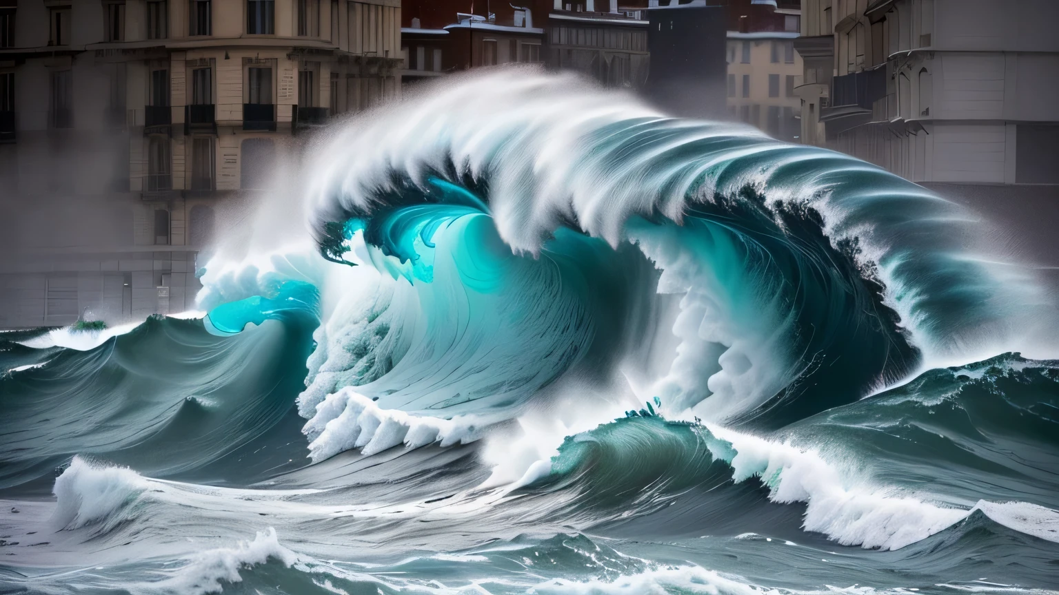 araffes are riding a wave in a city during a large storm, giant waves, very huge waves, massive waves, huge waves, fierce huge waves, violent stormy waters, turbulent waves, towering waves, disaster photography, national geographic photo”, large waves crashing over it, turbulent water, by Francesco Furini, dangerous waves, tsunami, highly turbulent