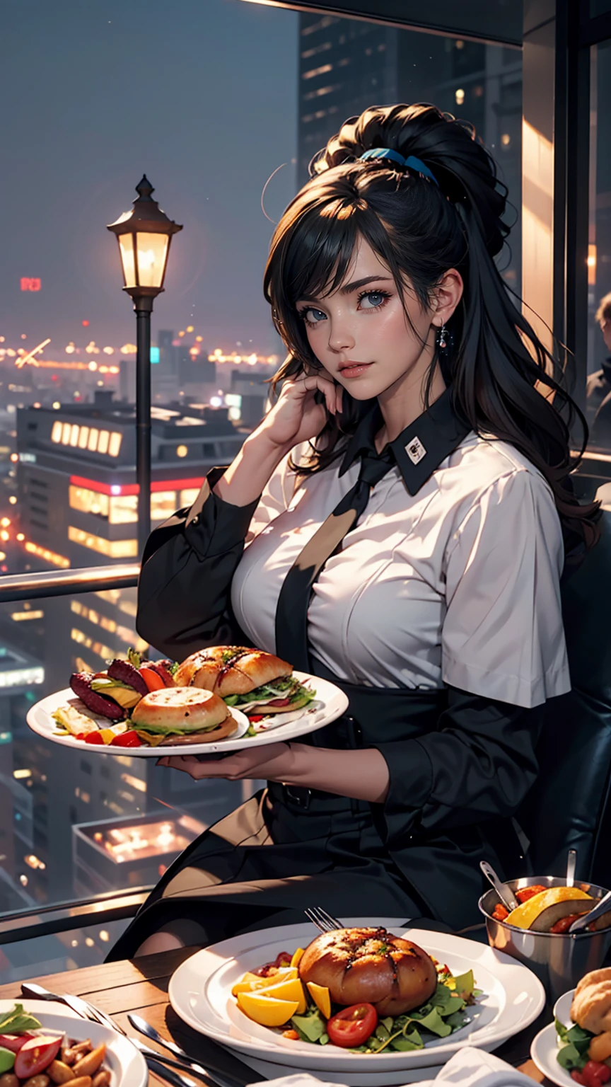 Lunch on the roof of a skyscraper、dining、cyber punk、Night view、Neon Light、Big cities、highest quality、masterpiece、Ultra high definition、White woman