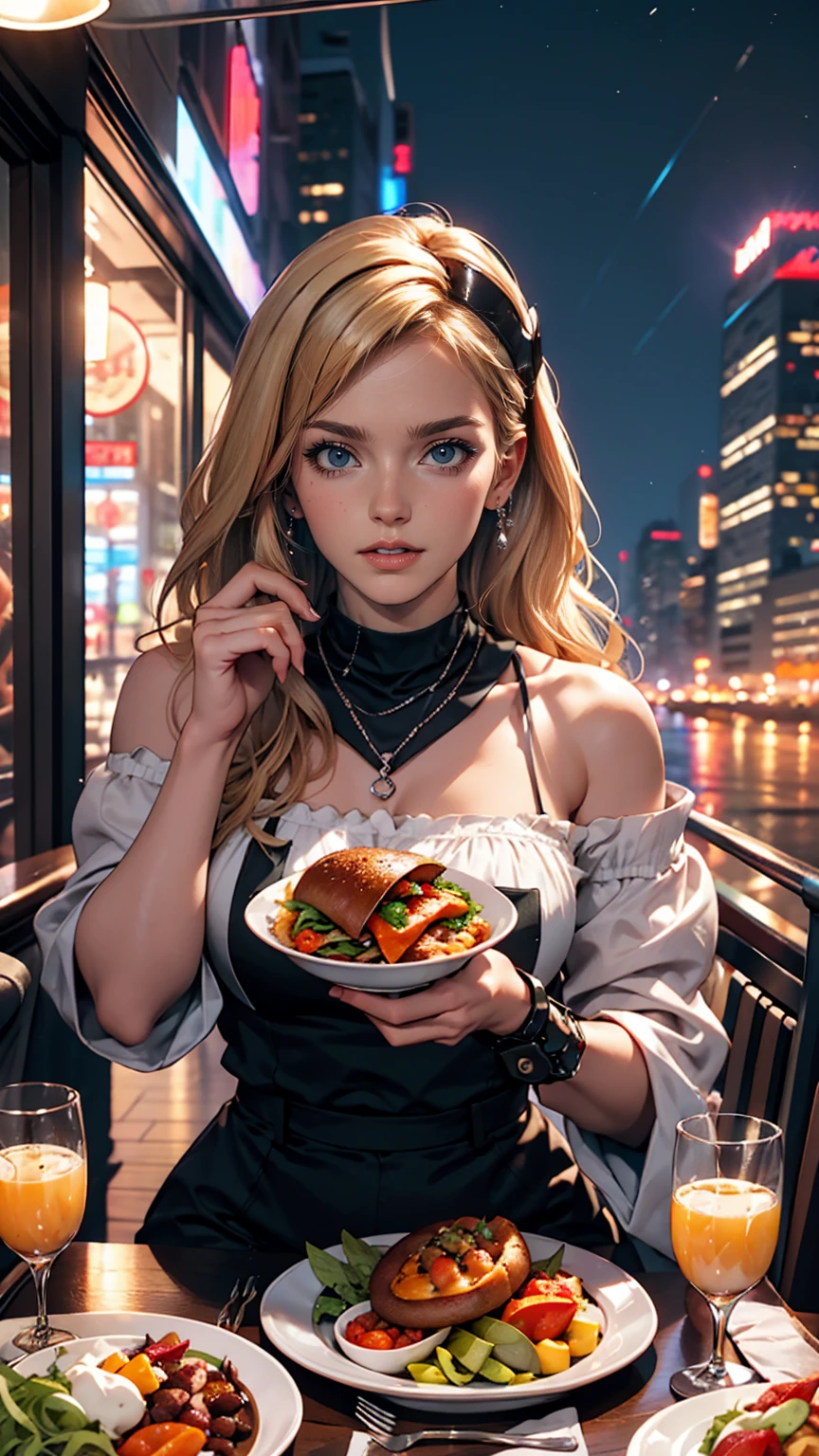 Lunch on the roof of a skyscraper、dining、cyber punk、Night view、Neon Light、Big cities、highest quality、masterpiece、Ultra high definition、White woman