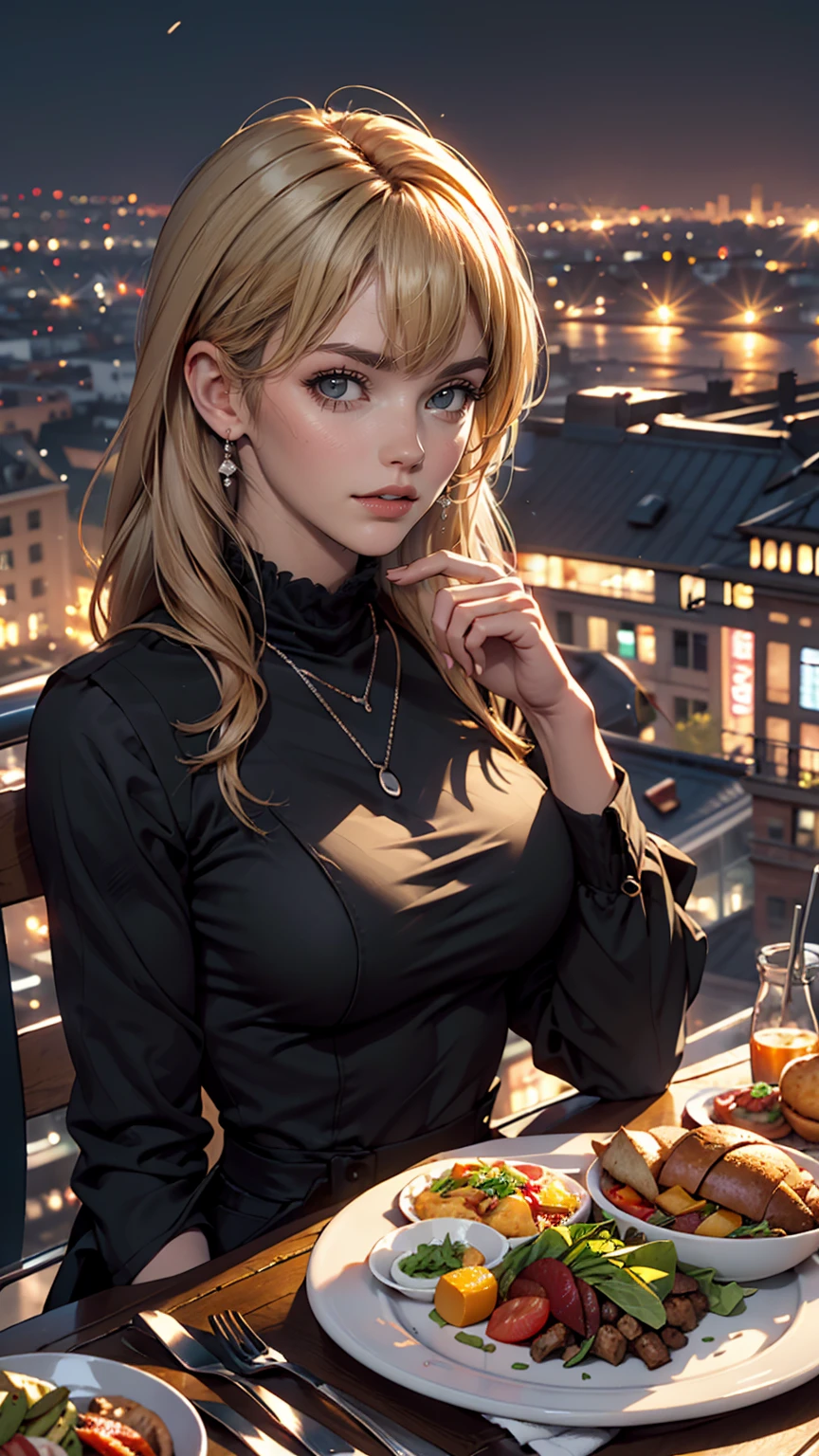 Lunch on the roof of a skyscraper、dining、cyber punk、Night view、Neon Light、Big cities、highest quality、masterpiece、Ultra high definition、White woman