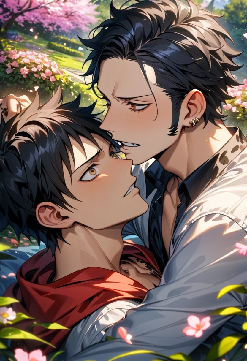 absurdres, highres, ultra detailed, HDR, masterpiece, Trafalgar Law, black hair, expressive gray eyes, One Piece, Monkey D Luffy, black hair, expressive brown eyes, 2men together, gay couple, yaoi, handsome, garden, blossoms, pink butterflies, pink flowers