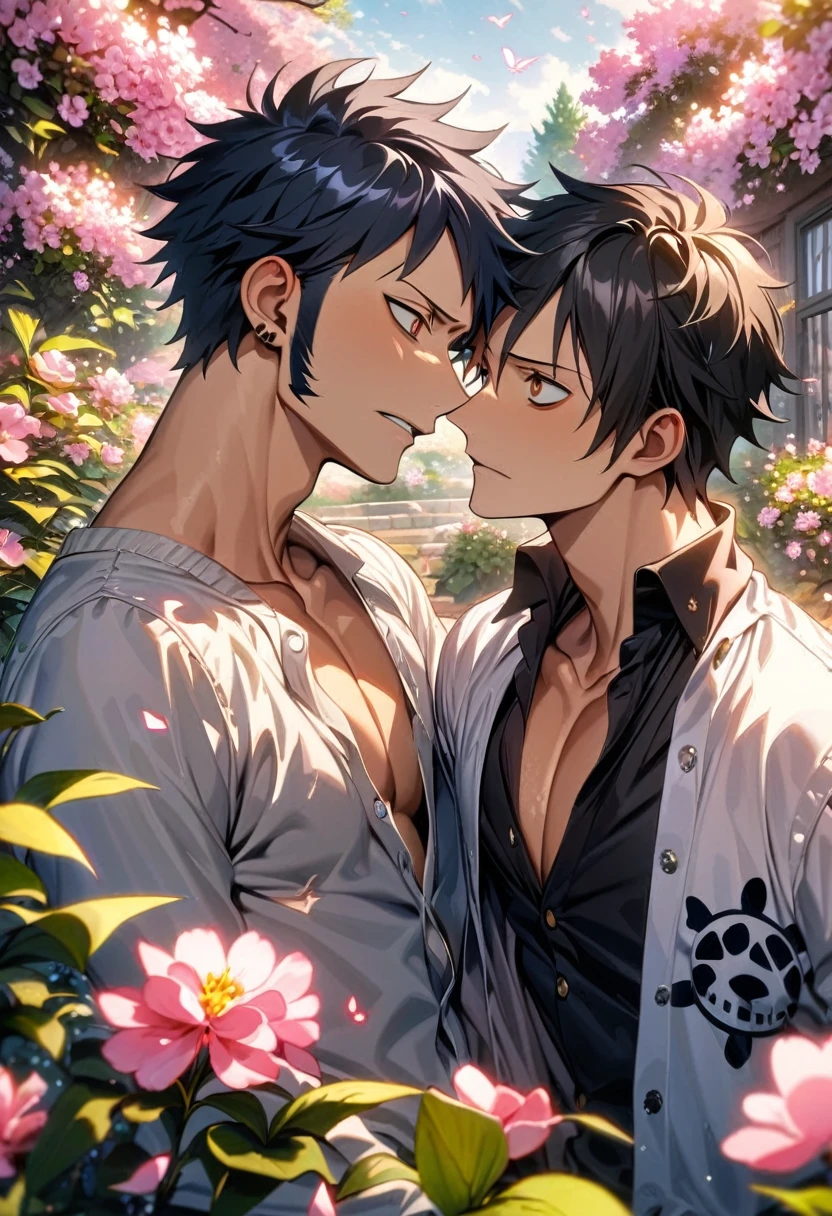 absurdres, highres, ultra detailed, HDR, masterpiece, Trafalgar Law, black hair, expressive gray eyes, One Piece, Monkey D Luffy, black hair, expressive brown eyes, 2men together, gay couple, yaoi, handsome, garden, blossoms, pink butterflies, pink flowers