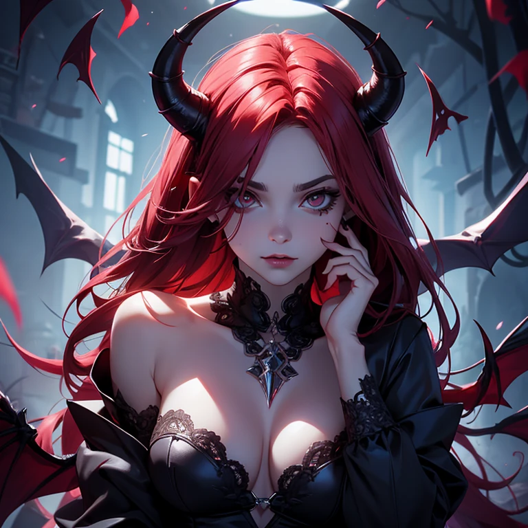 Beautiful demonic woman from hell, (dans l'darkness: 1.6), Surrealist female portrait by David Hockney and Alphonse Mucha, art fantastique, Korean doll, photorealism, dynamic lighting, gare artistique, affiche, volumetric lighting, Les détails du visage sont très riches, 8k, dans l'darkness, ombre profonde, ton grave, (coup de genou), cheveux longs, Cheveux noirs, palais luxueux, Style royal, demonic crown, Red eye makeup is very sharp and detailed, Le plus beau visage, sein normal, Surrealist, Sourire charmant, The eye makeup is very good, Gurwitz, style diable, red and black lips, Tatouage du diable sur l'shoulder, Le temps est maussade et orageux, (portrait), Gros plan du protagoniste, (Background details 1.8),