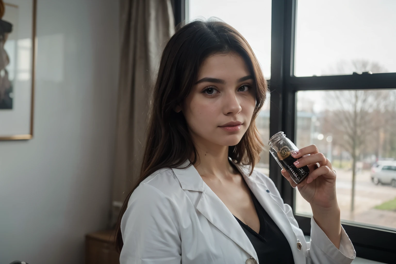 ((melhor qualidade)), ((Obra de arte)), (detalhado), rosto perfeito realistic image of a beautiful woman wearing lab coat holding a small black glass bottle
