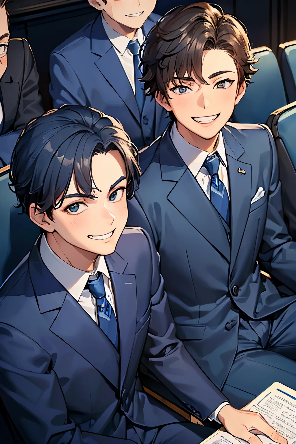 ((best quality)), ((masterpiece)), ((detailed)), (((perfect faces))), (((teen boys wearing dark blue suits))), (((sitting in lecture theater))) (((smirking, laughing, smiling, excited, happy))), (((looking at viewer)))