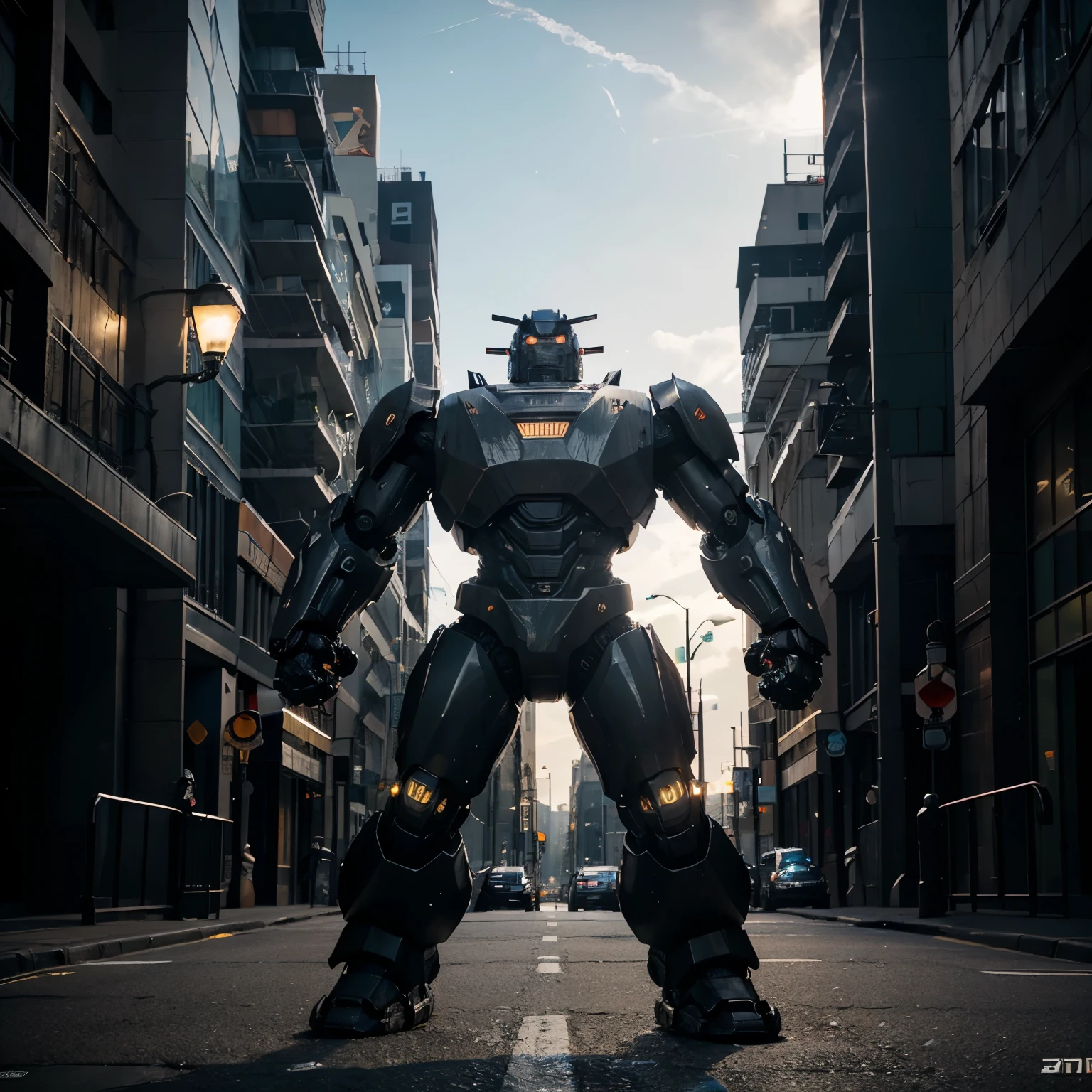 an imposing and muscular robot, with gleaming metal plates that reflect the light from the street lamps. Its fists are huge, with jagged knuckles ready for combat. Its armor is adorned with battle scars and marks from previous street encounters. Emitting a menacing buzz, the robot advances with steady steps, ready to face any challenge that crosses its path in the city streets