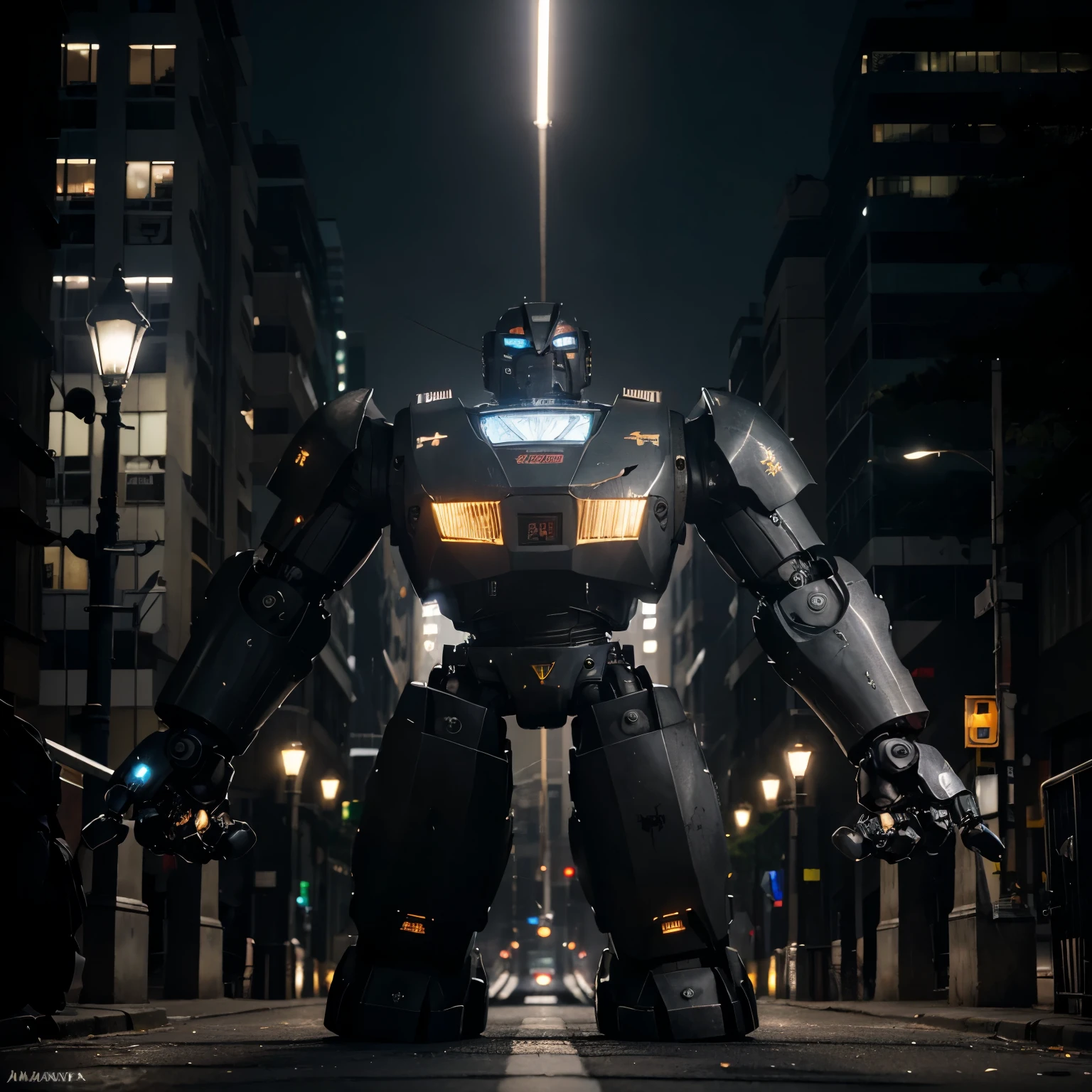 an imposing and muscular robot, with gleaming metal plates that reflect the light from the street lamps. Its fists are huge, with jagged knuckles ready for combat. Its armor is adorned with battle scars and marks from previous street encounters. Emitting a menacing buzz, the robot advances with steady steps, ready to face any challenge that crosses its path in the city streets