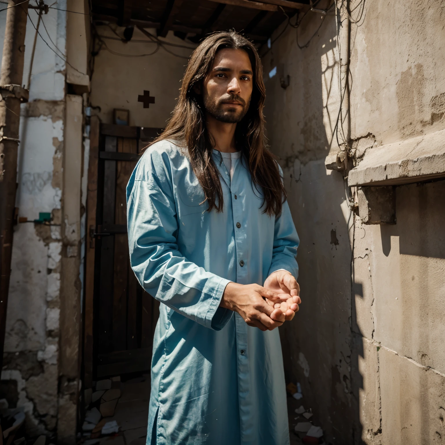 Jesus giving his hand to a from the favela