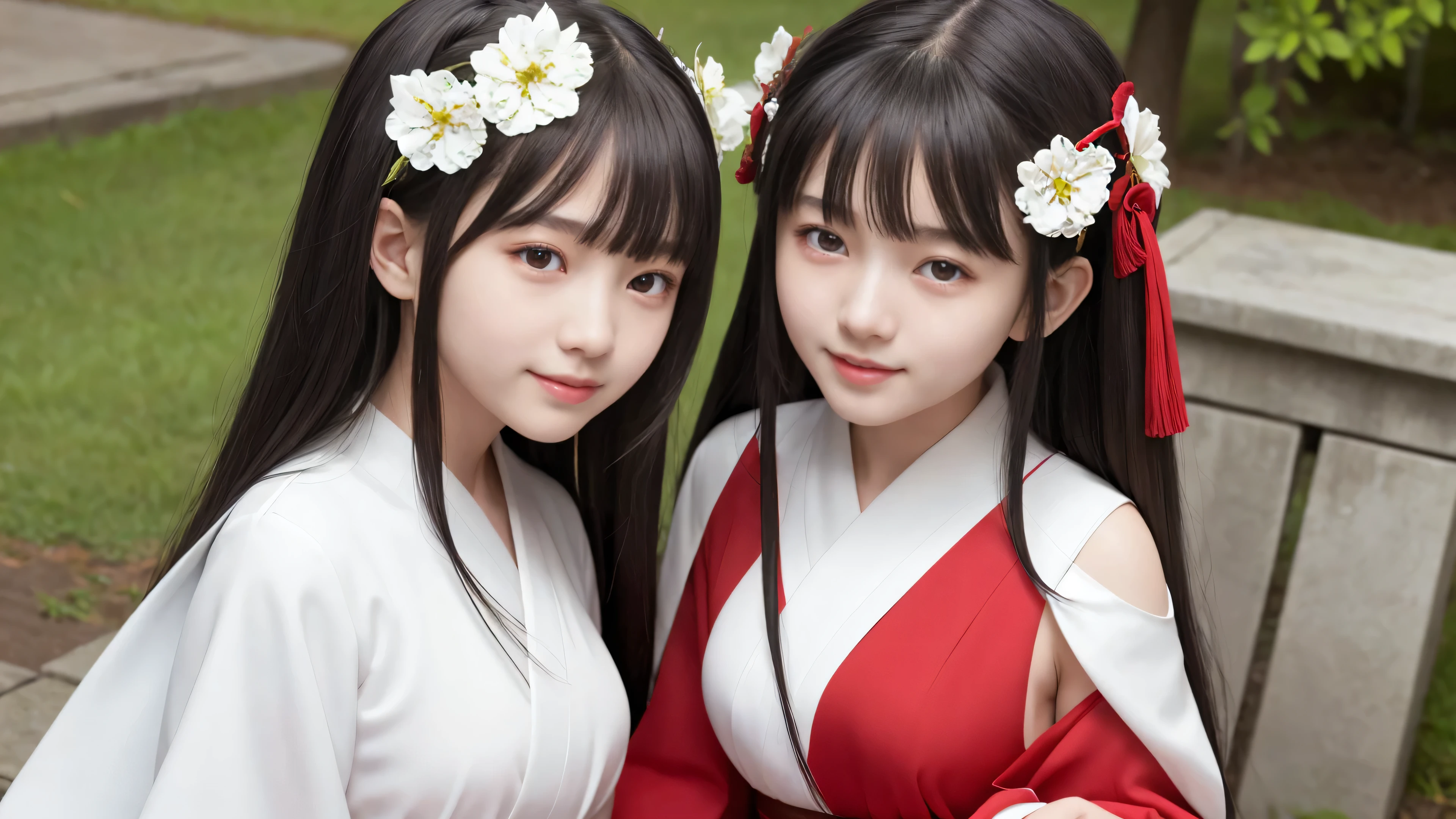 High-quality images,masterpiece,8K wallpapers incorporating detailed CG,Two Girls,16 years old,Baby Face,beautiful,smile,pale black hair,Realistic,pale black hair,White and red shrine maiden costume,Long Hair、Straight bangs、