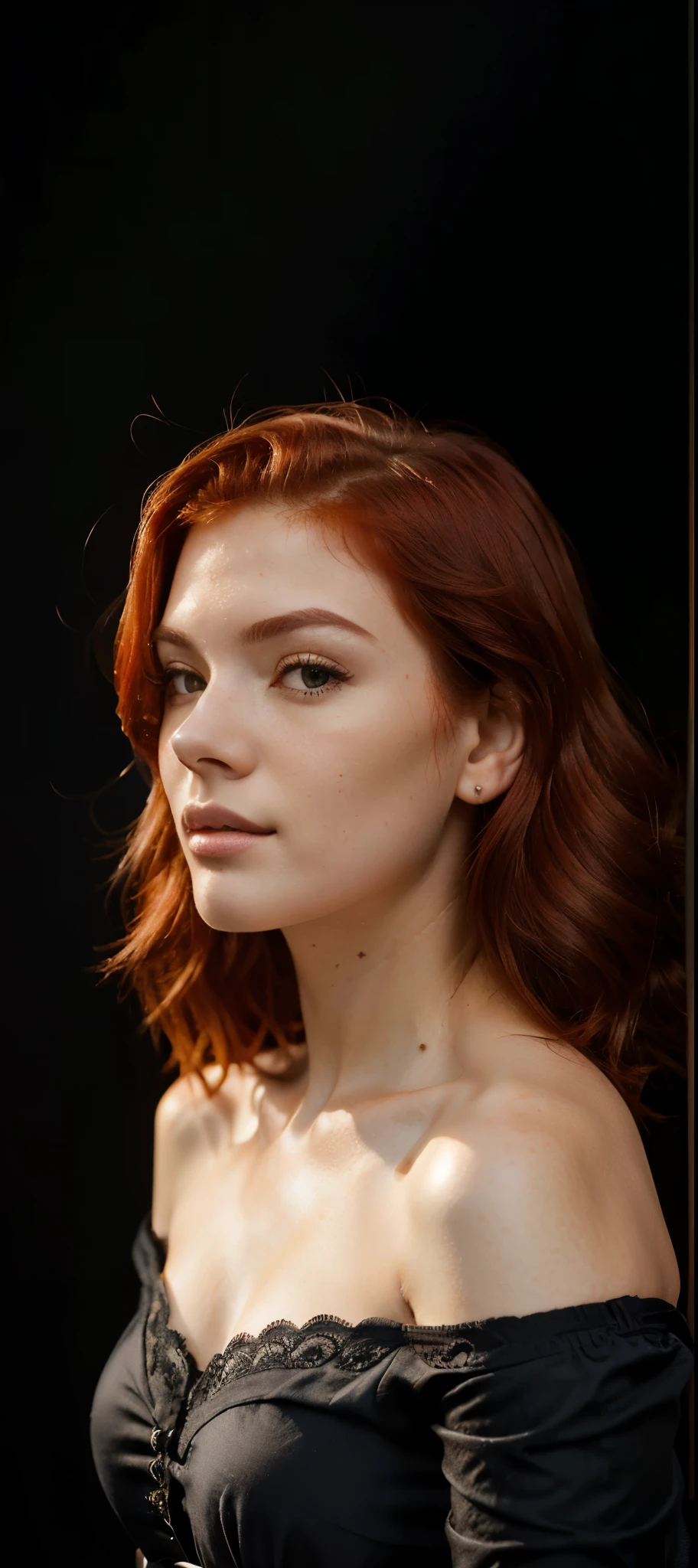 there is a mulher com cabelo ruivo and a black background, cabelo ruivo com sardas, cabelos ruivos e sardas, mulher com cabelo ruivo, uma jovem ruiva, mulher com sardas, red hair and attractive features, retrato de uma garota ruiva, jovem ruiva, retrato suave fotografado em 8k, retrato de beleza, retrato de uma bela modelo, retoque de beleza, Make her in different poses to put as a profile picture