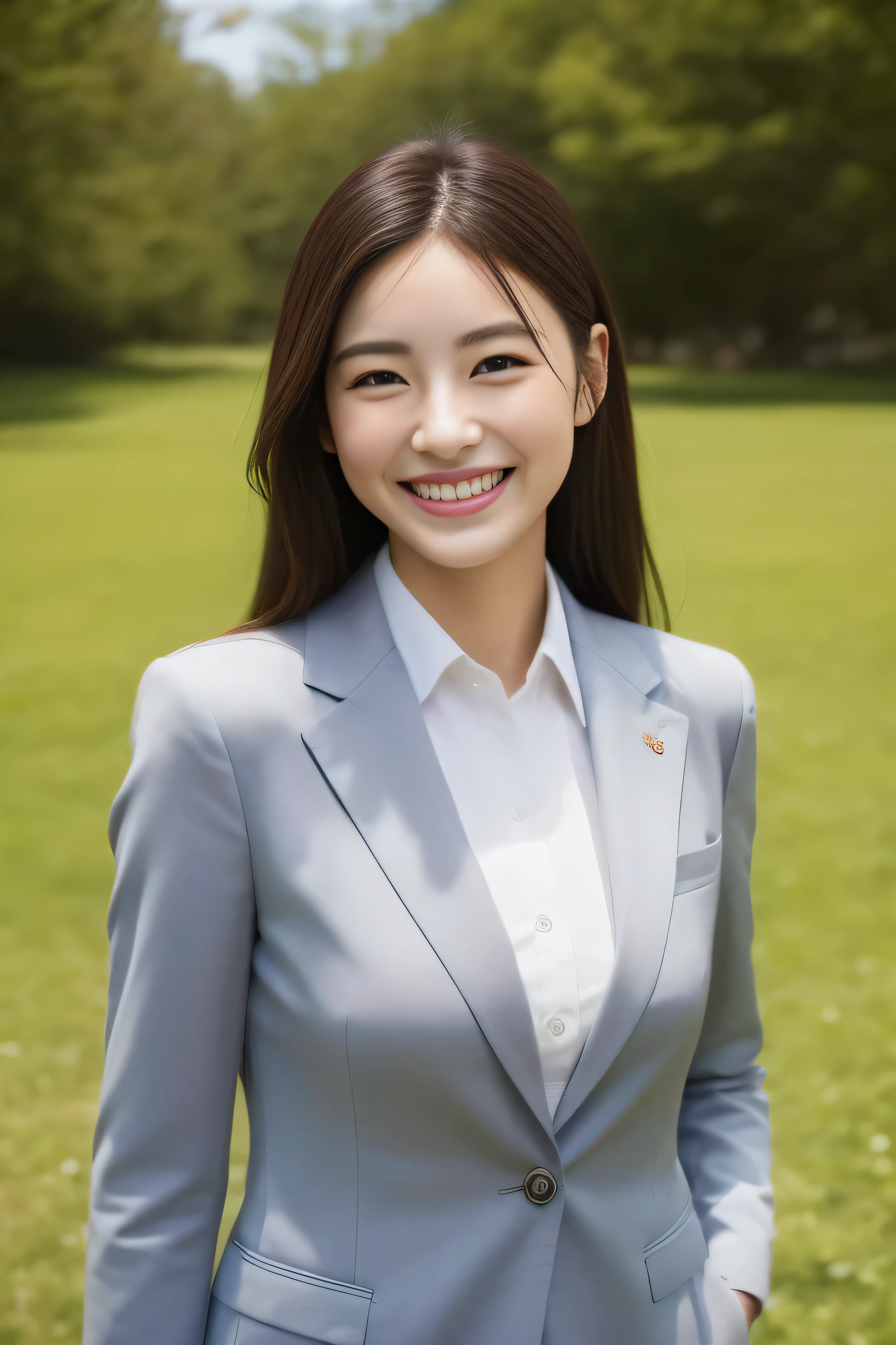 The face is a hostess、The clothes are business suits、high quality、surreal、healthy、smile、Perfect slender figure、beauty of japan、beautiful eyes、perfect face、beautiful skin、The background is a natural park