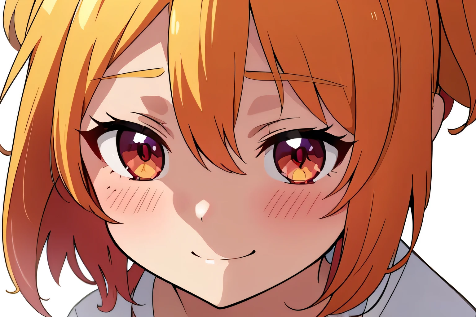 Anime Style、highest quality, One Girl, alone, (Flandre Scarlett staring at camera)、Expressive、Portraiture、The camera is looking at the girl.、From above、standing、 A teasing smile、Blushed、Beautiful Face、Eye highlights、、Red eyes、Bright yellow fur on the side tail,、Short sleeve、Childish、Pure white background
