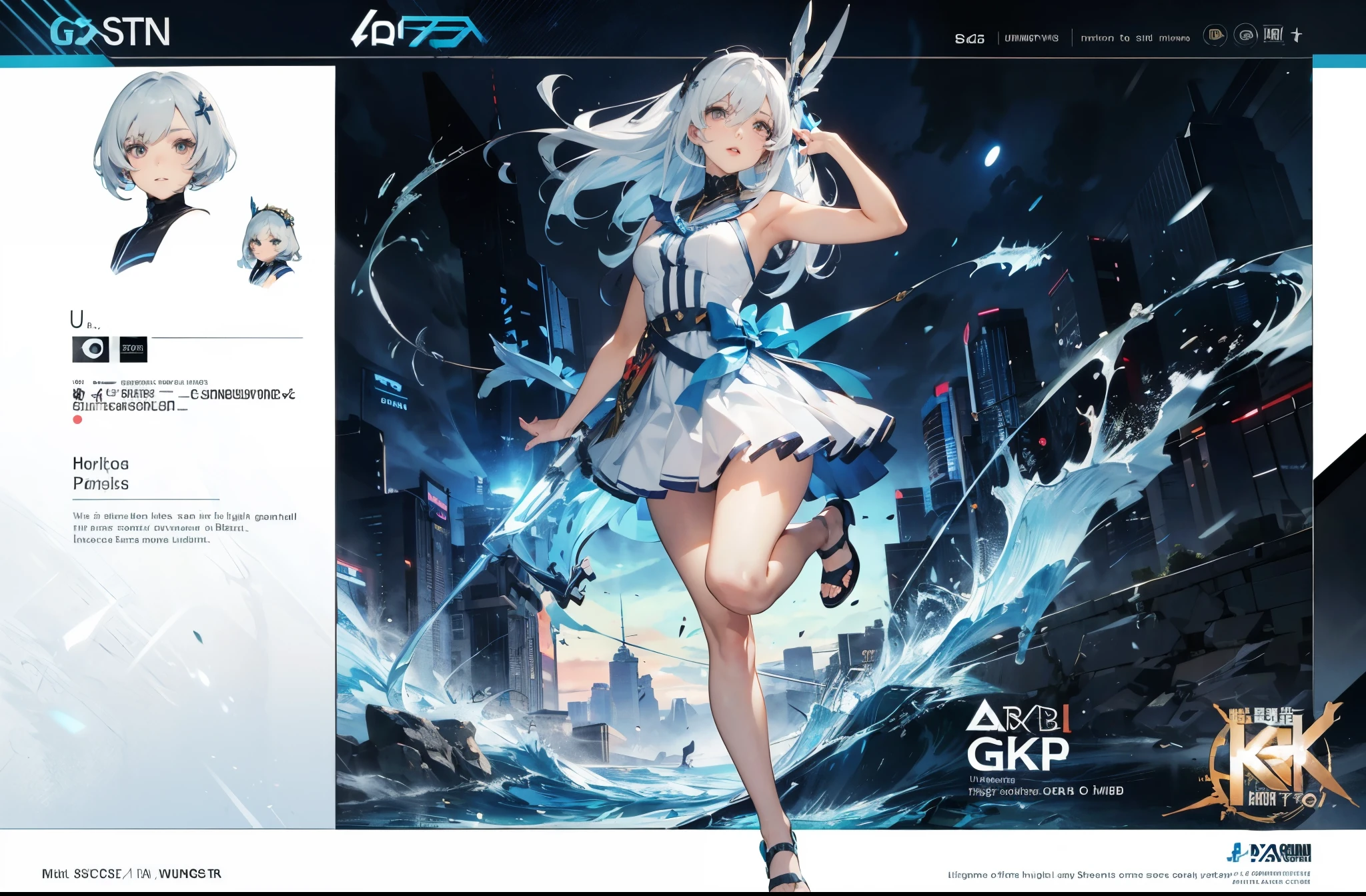 (maximum resolution: 1.2), (ultra high definition:1.2), cinema light, 8K resolution, fine eyes and skin, detailed face, perfect style, cute face, Accurate, anatomically correct, Highly detailed face and skin texture, anime - style illustration of a woman in a blue and white outfit, armpit, bare legs, official character art, trending on cgstation, e-girl, full body, female action anime girl, standing,