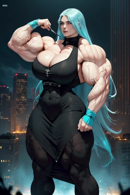 (((((Massive tall, beautiful, buff, pale white skinned muscular woman with cyan hair, ginormous bulky muscles and wearing a beautiful black gothic pencil dress))))), (close view), massive muscles, massive biceps, hyper muscle shoulders, massive muscle arms, vascular shoulders, hyper muscle triceps, (long beachy hair), purple eyes, choker, lace sleeved gloves, (on top of a dilapidated skyscraper in a dark destroyed city), confident smile, hyper vascular arm, hyper muscles arms, hyper muscle legs, (massive arms).