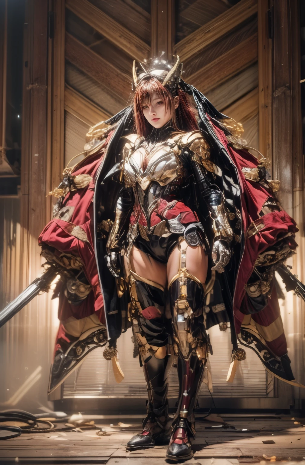 (top-quality:1.2, masterpiece)、ultra high resolution、extremely ultra surrealism, (Photorealsitic:1.4)、Raw photo、(Steampunk Battle Cyborg fallen angel)、(large mechanical bat wings)、black porcelain body、red  hair、glowy skin、1 Cyborg girl、(mechanical frame:1.3)japanese, extremely cute face,  ((super realistic details))、portrait、globalillumination、Shadow、octan render、8K、ultrasharp、character edge light、Details of complex ornaments、Acrylic Clear Cover、Sumerian details、Hydraulic cylinder、Small LED lamp、highly intricate detail、Realistic light、a purple eye、radiant eyes、Facing the camera、neon details、cowboy  shot、Futuristic headgear、About Cyberpunk
