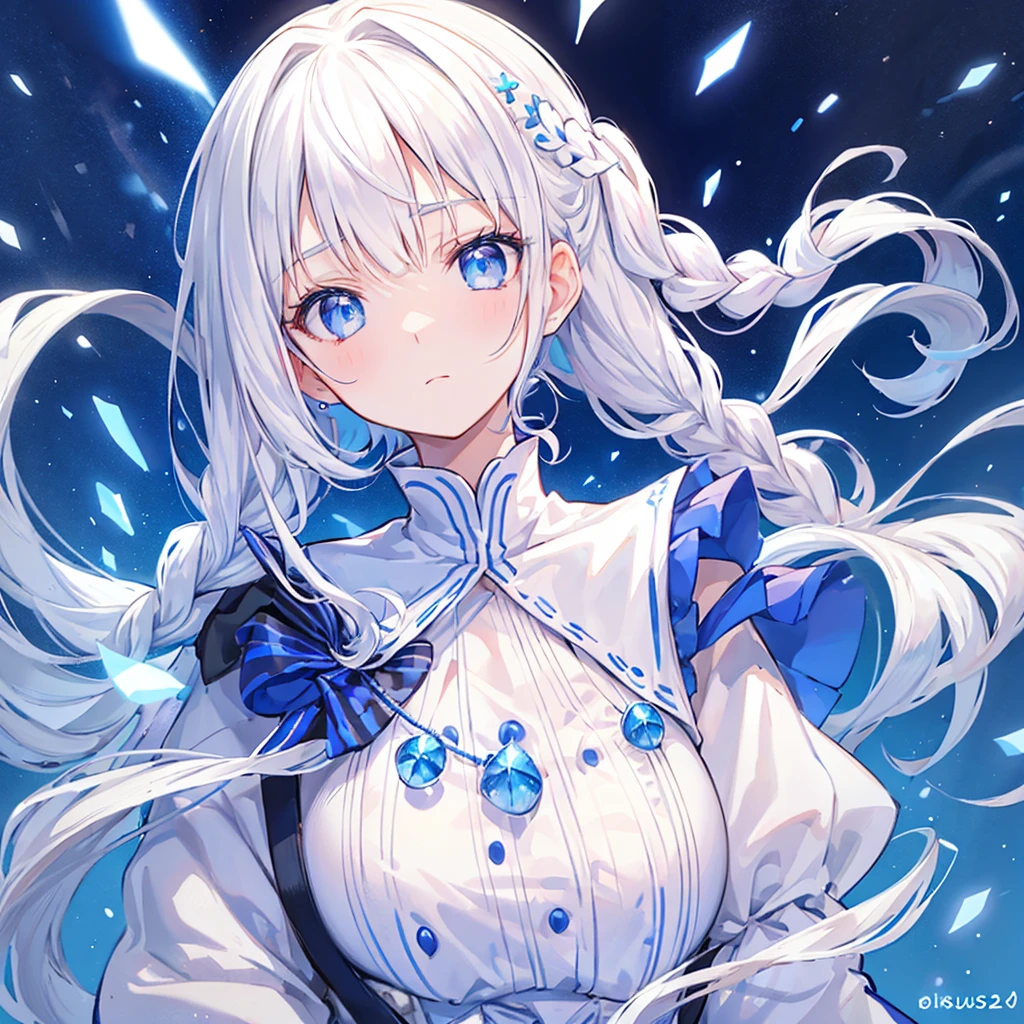 Best Quality, masutepiece,White hair, blue eyes,White clothes, Looking Up, Upper body,Strands of hair,Fair skin,side braids、Eye close-up、Ultra-detailed face and eyes、Her bangs are held to the side with star-shaped hairpins.