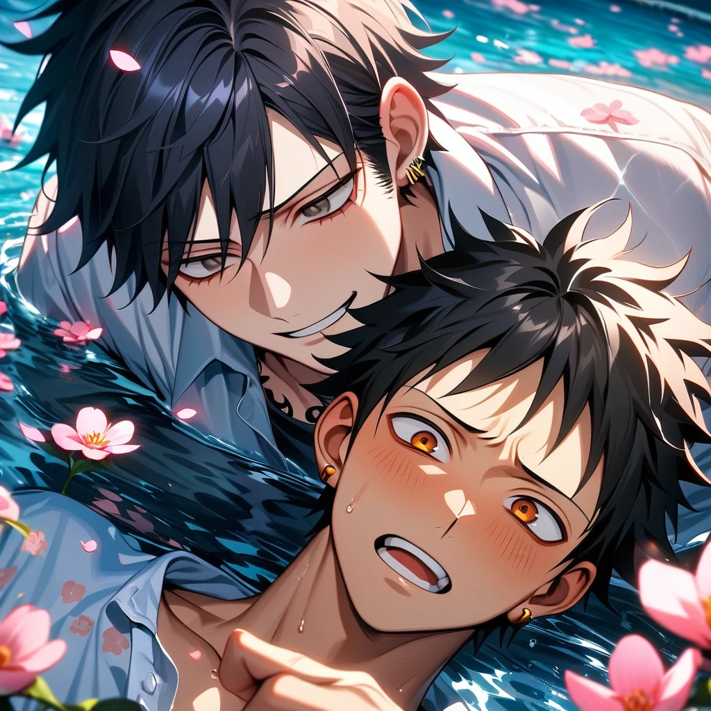 Ultra detailed, highres, absurdres, HDR, Luffy, black eyes, black hair, Nami, orange hair, brown eyes, One Piece, flowers, petals, green leaves, water, 1 man together with 1 woman as a couple, handsome, very detailed face and eyes,