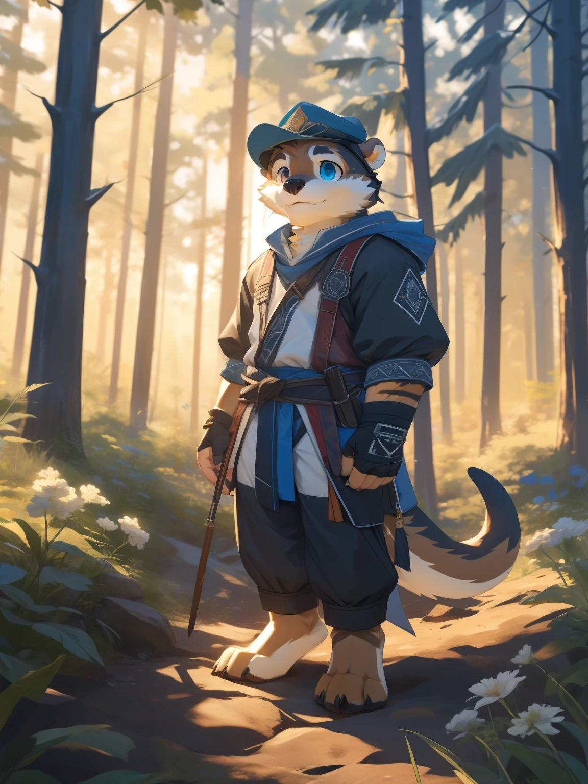 full-length portrait,anthro,hi res,male,Body shape,Fingerless gloves,Archer,otters,Bandage,Legs white plush feet,White plush paw,Detailed eyes,Delicate eyes,Extremely high detail,8k high definition characters,Summer Forest