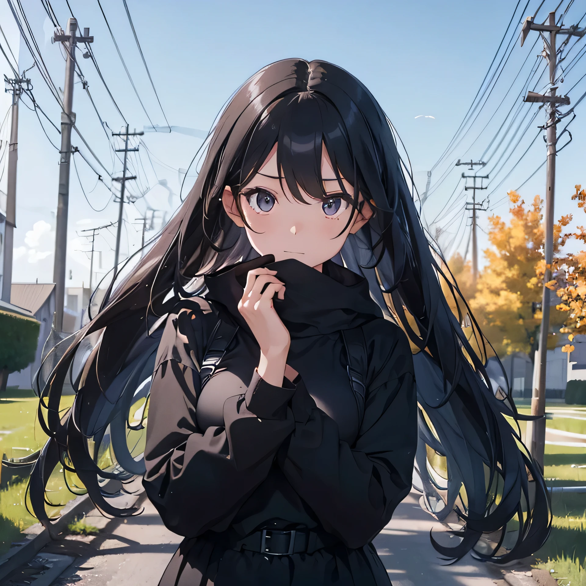 Dressed in all black mourning clothes、A 20-year-old woman with dark brown eyes was seen covering her face with a black blindfold.、Looking up at the sky、The background is a row of poplar trees in Hokkaido、blue sky、Draw your eyes beautifully