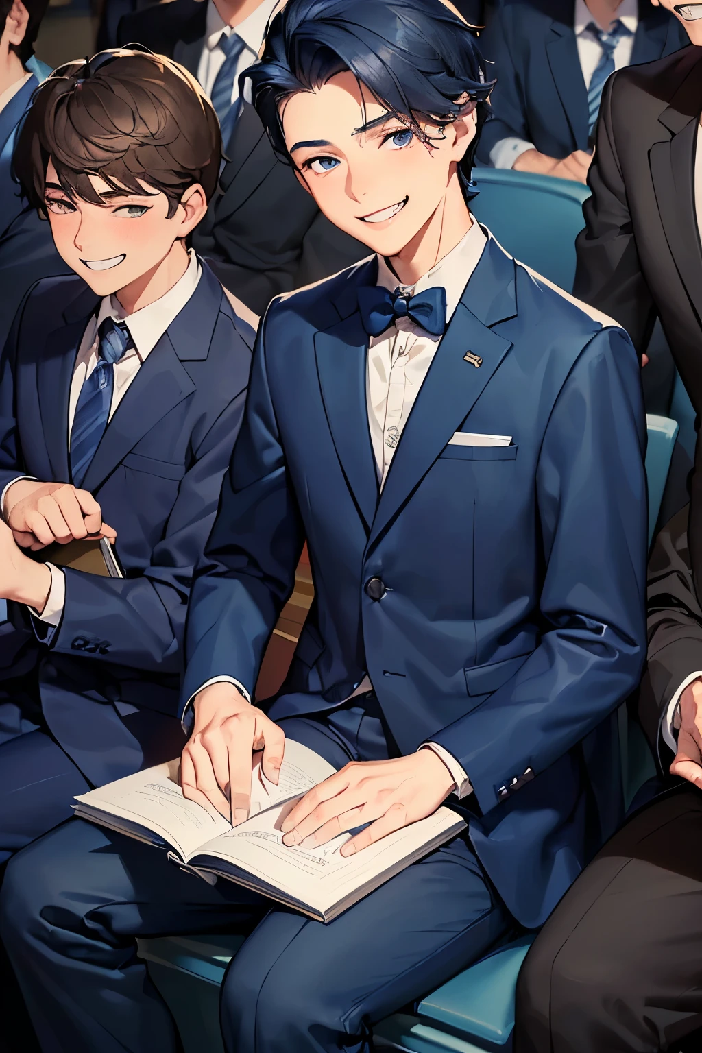 ((best quality)), ((masterpiece)), ((detailed)), (((perfect faces))), ((( boys wearing dark blue suits, pants))), (((sitting in lecture theater))) (((smirking, laughing, smiling, excited, happy))), (((looking at viewer)))