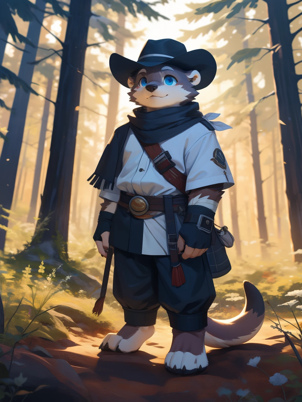 full-length portrait，anthro，hi res，male，Body shape，Fingerless gloves，Archer，otters，Bandage leggings，White scarf，hat，Legs white plush feet，White plush paw，Detailed eyes，Delicate eyes，Extremely high detail，8k high definition characters，Summer Forest