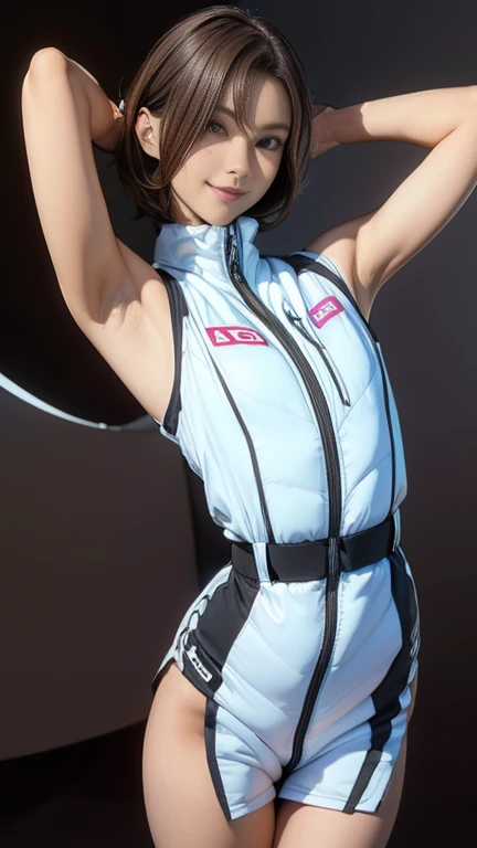 Actual,best Actual quality:1.1),(photo shoot:1.1),(High resolution), (Highly detailed and Actual face),Half Body,(Actual human skin),(everyone),(White skin of a 15 year old,Light brown short bob, Wear a sexy tight astronaut suit,) A room in the space station, ((15-year-old girl, Young Smile, slim, Narrow waist, Thin thighs, Thin arms)), ((Raise your arms, Please show me your armpits))
