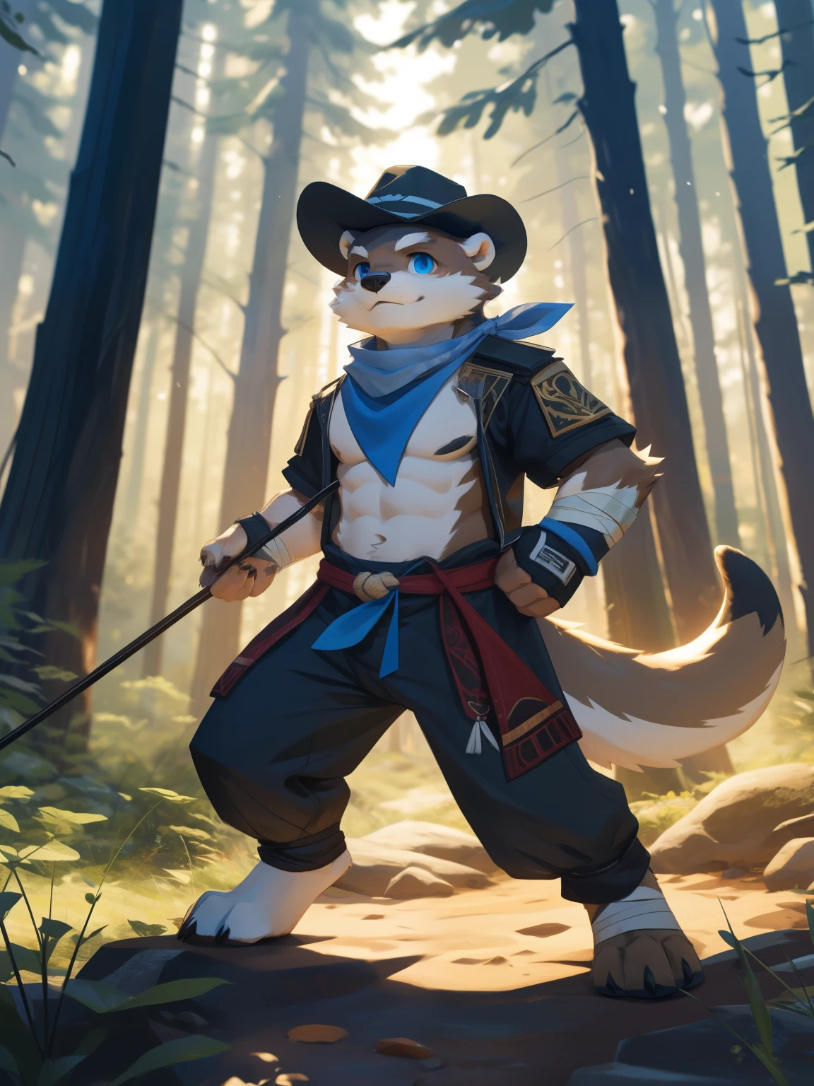 full-length portrait,anthro,hi res,male,Body shape,Fingerless gloves,Archer,otters,Bandage leggings,White scarf,hat,Legs white plush feet,White plush paw,Detailed eyes,Delicate eyes,Extremely high detail,8k high definition characters,Summer Forest,Fighting Stance