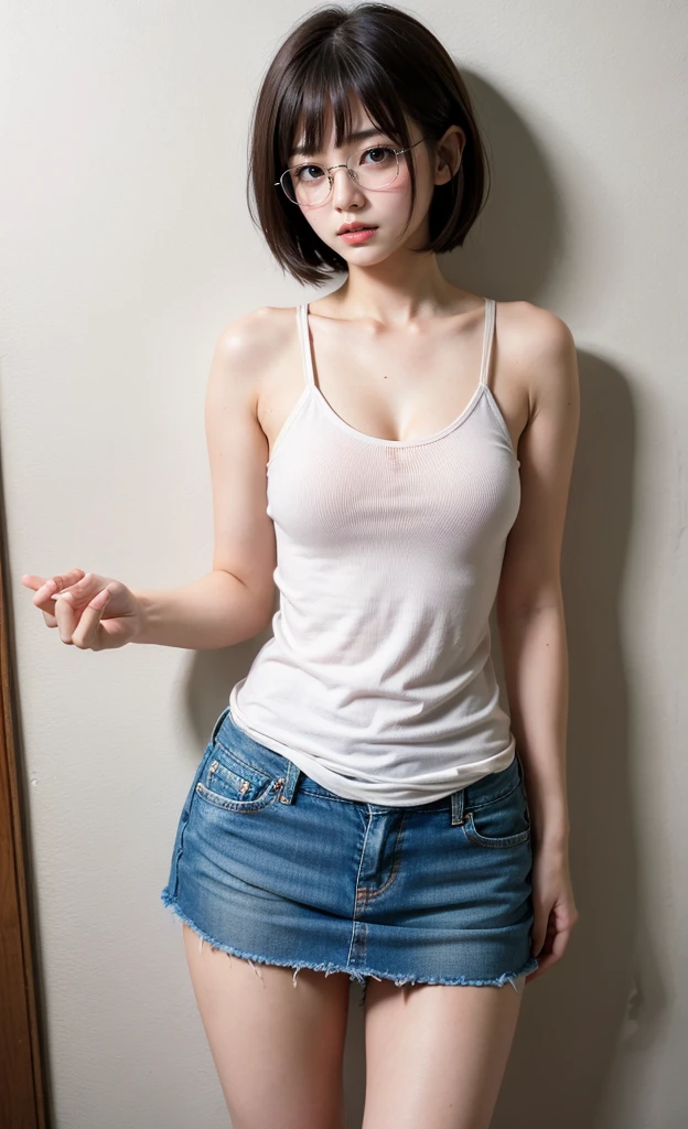 1girl, 18 years old busty woman, shy, eyeglasses, bob_cut, bangs, pink blush, white tank top with thin strap, cleavage, big , small waist, denim, pleaded skirt, thicc_thighs
thighs, legs, perfect fingers, abandoned house, nightime, back against the wall