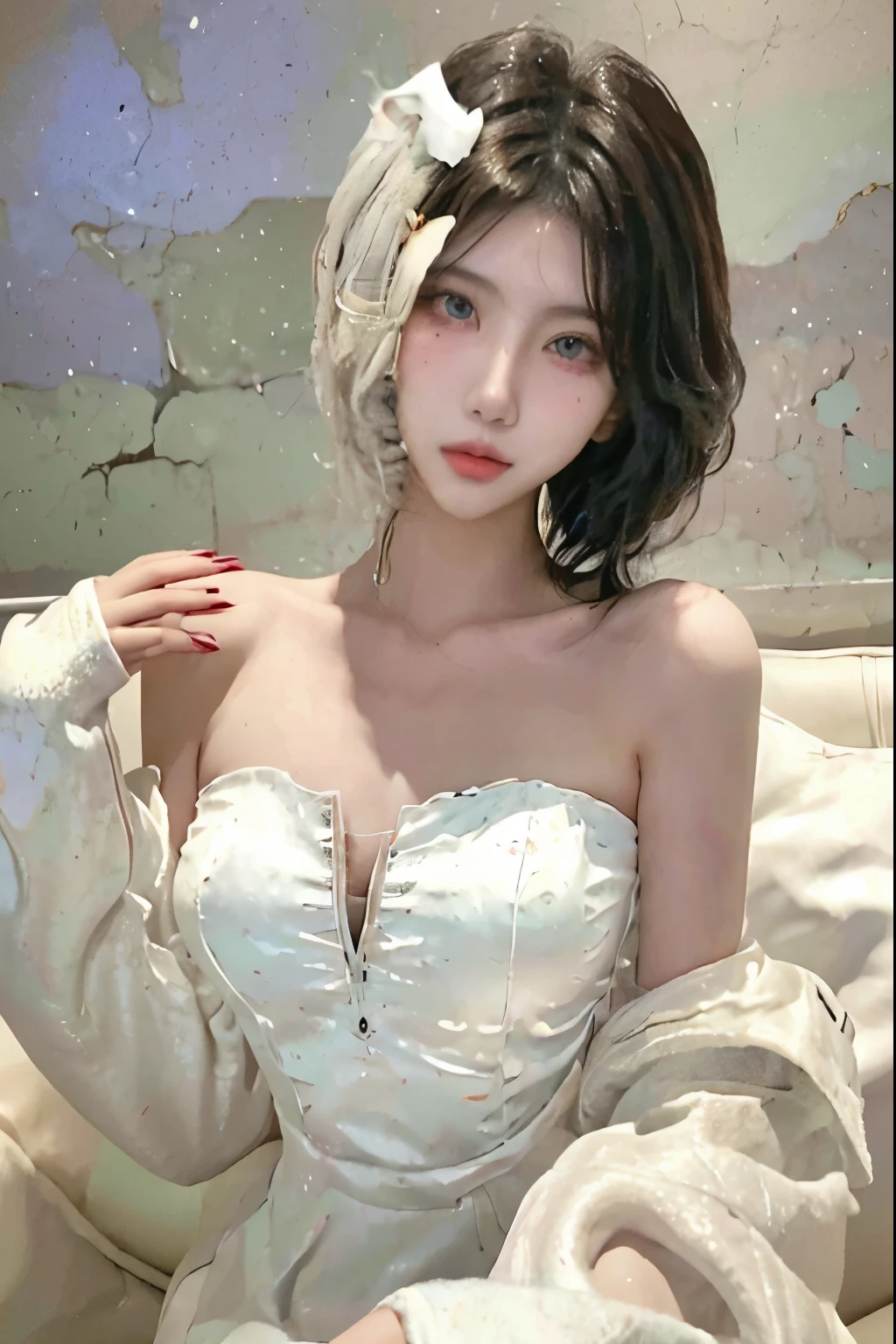 Beautiful woman with perfect body:1.4,Layered Hairstyle,Prominent cleavage,Highly detailed face and skin textures,Double eyelids,Skin Whitening,Long hair,Whitened long legs,standing in living room
