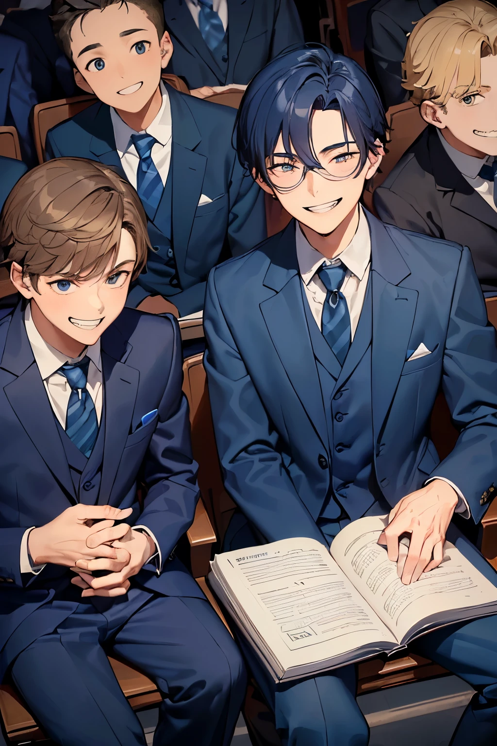 ((best quality)), ((masterpiece)), ((detailed)), (((perfect faces))), ((( boys wearing dark blue suits, pants))), (((sitting in lecture theater))) (((smirking, laughing, smiling, excited, happy))), (((looking at viewer)))
