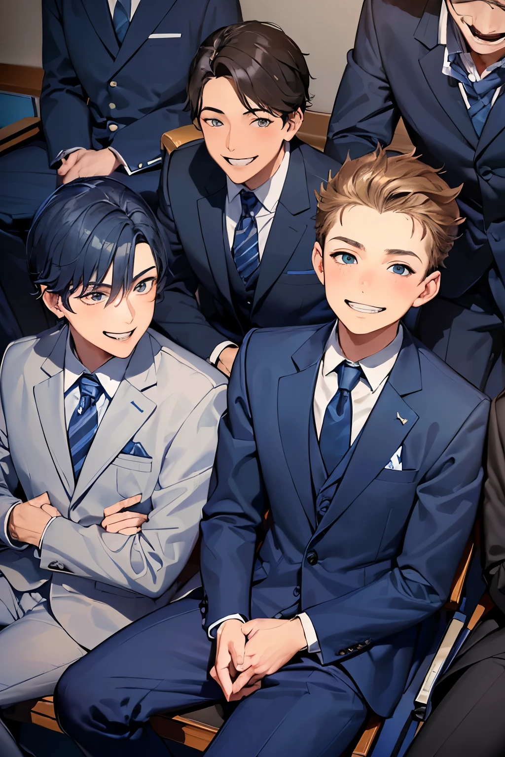 ((best quality)), ((masterpiece)), ((detailed)), (((perfect faces))), (((teen boys wearing dark blue suits, pants))), (((sitting in lecture theater))) (((smirking, laughing, smiling, excited, happy))), (((looking at viewer)))