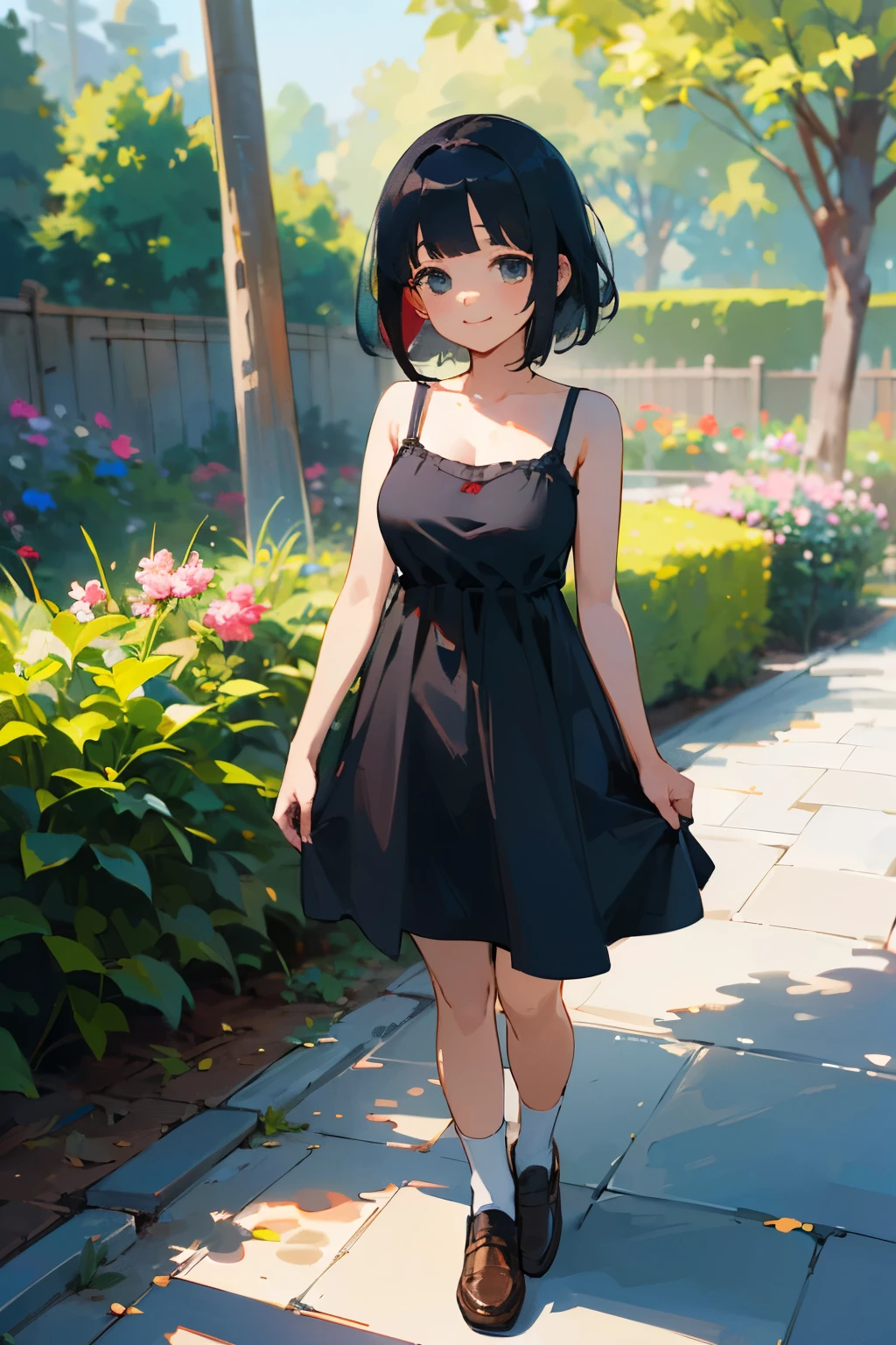 (high quality, High resolution, Very detailed, reality:1.37), Peaceful atmosphere, (Outdoor, garden), Teenage girl standing alone, (my breasts are big.), Beautiful details, Cute Smile, (Black bob hair), Blue camisole dress, socks, loafers.