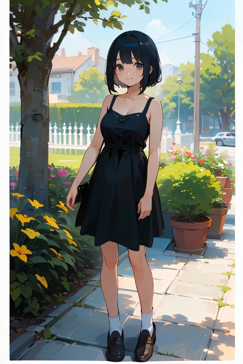 (high quality, High resolution, Very detailed, reality:1.37), Peaceful atmosphere, (Outdoor, garden),  girl standing alone, (my breasts are big.), Beautiful details, Cute Smile, (Black bob hair), Blue camisole dress, socks, loafers.