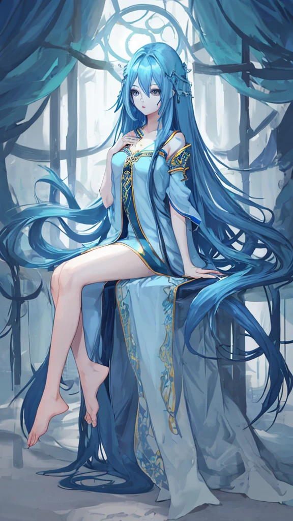 Beautiful girl with long blue hair and blue skin has bare feet