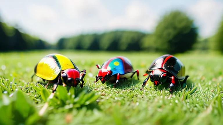 Children playing with beautiful beetles in the grassland、Children playing with beautiful beetles in the grassland、Colorful Mushiking