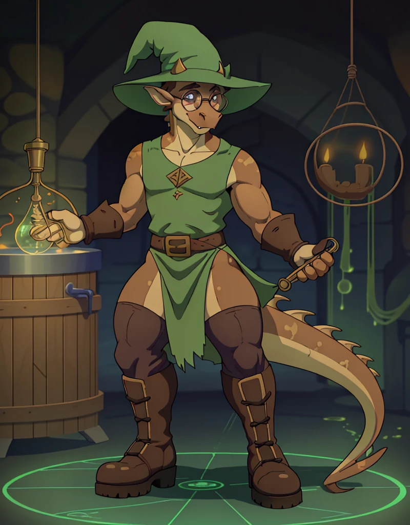 A male thick brown anthropomorphic skiny furry dragon, wearing a skimpy tunic, legging, boots, round glasses, wizard hat, round snout, in a alchemy lab, solo, makeing new equipment in a culdredren,