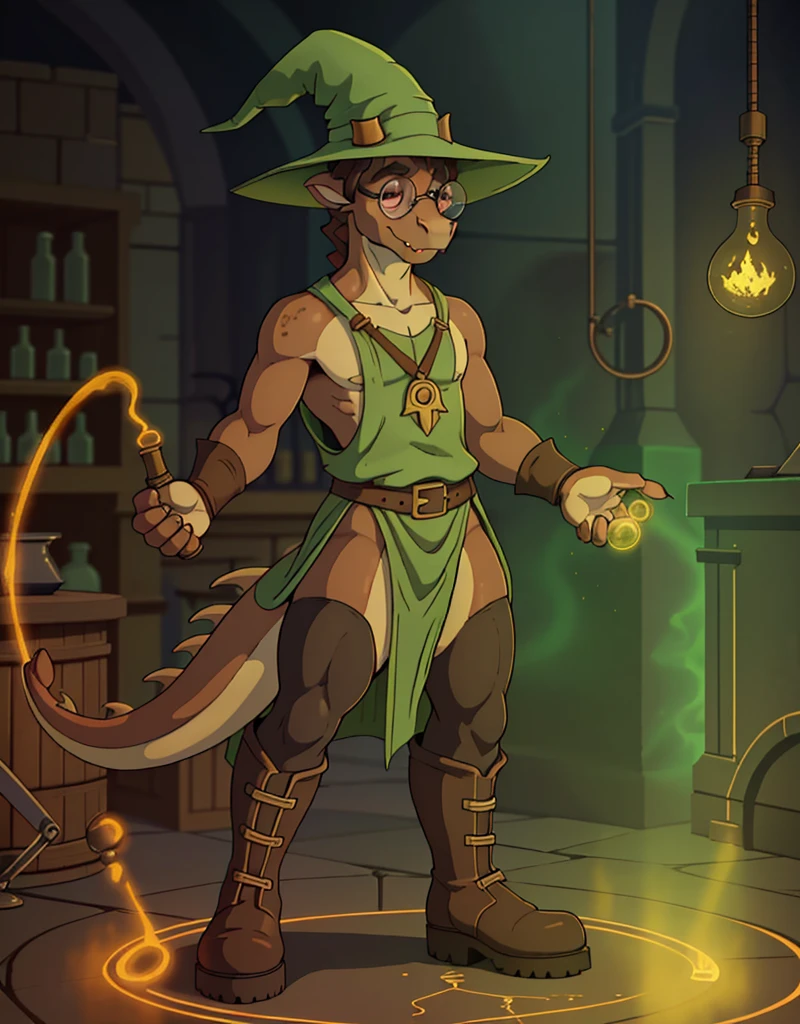 A male thick brown anthropomorphic skiny furry dragon, wearing a skimpy tunic, legging, boots, round glasses, wizard hat, round snout, in a alchemy lab, solo, makeing new equipment in a culdredren,
