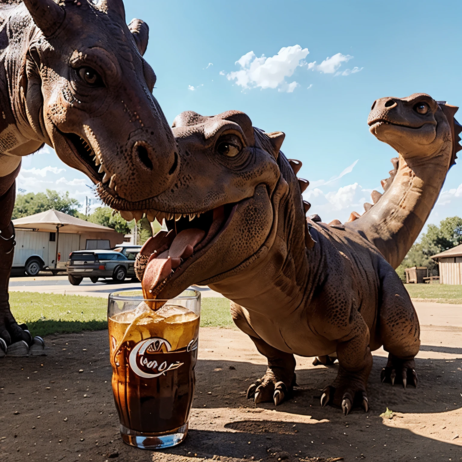 Dinosaur drinking coke on a sunny day
